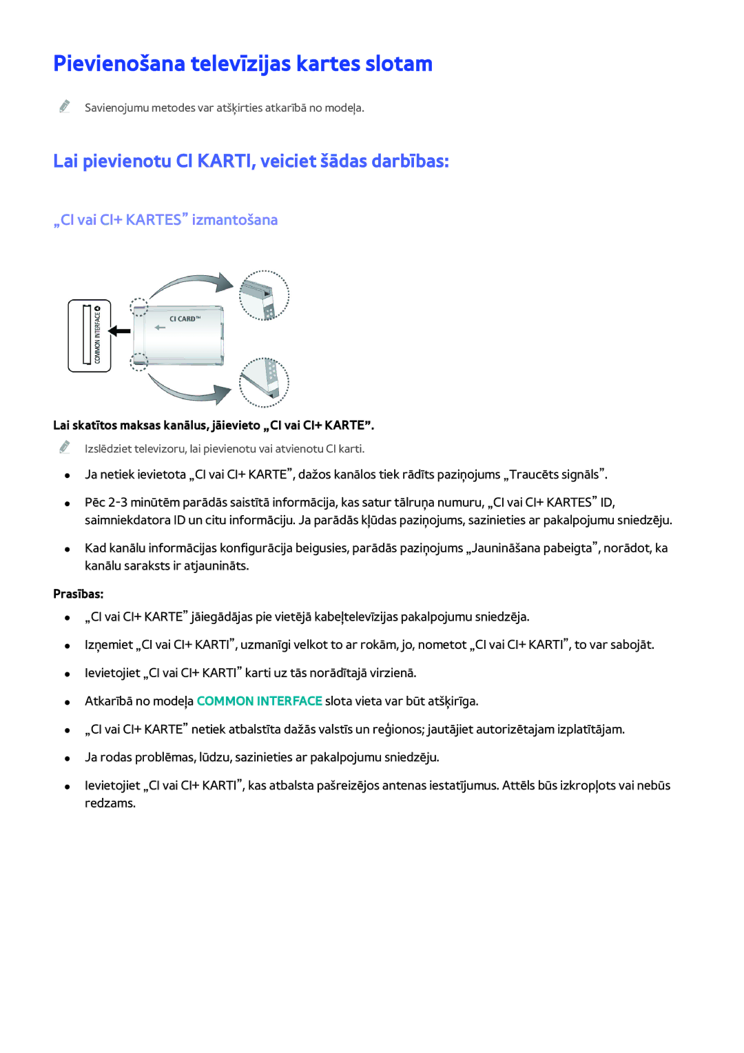 Samsung UE50H5303AWXXH manual Pievienošana televīzijas kartes slotam, Lai pievienotu CI KARTI, veiciet šādas darbības 