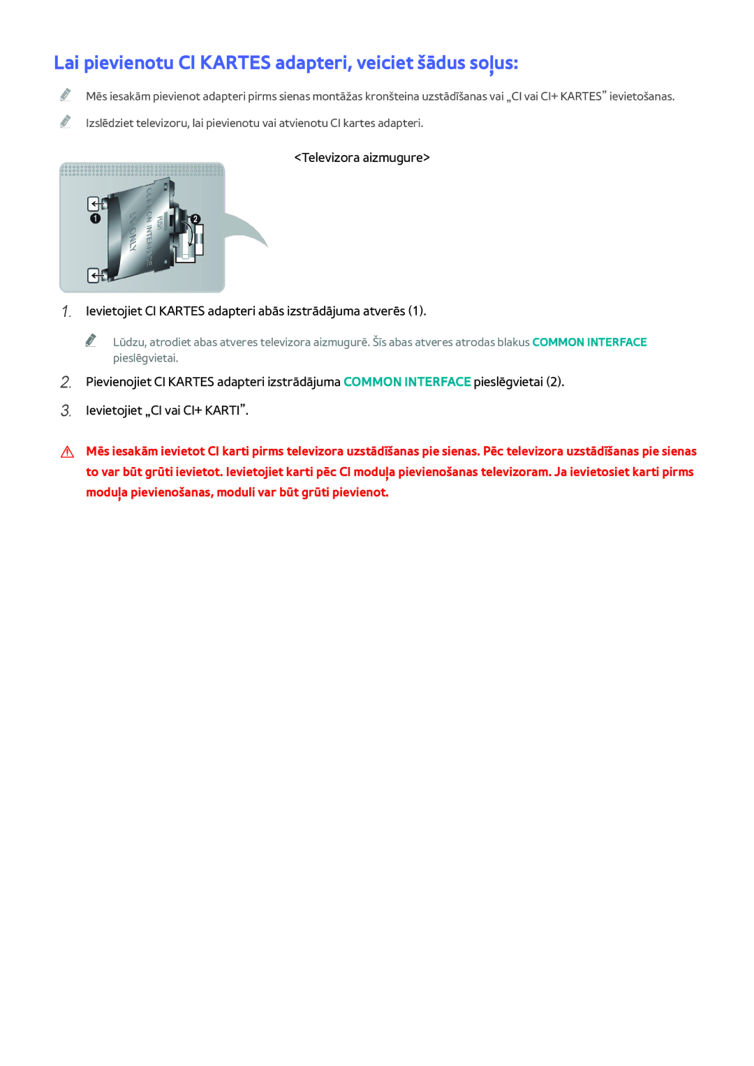 Samsung UE46H6203AWXXH, UE40H6203AWXXH, UE55H6273SSXZG manual Lai pievienotu CI Kartes adapteri, veiciet šādus soļus 