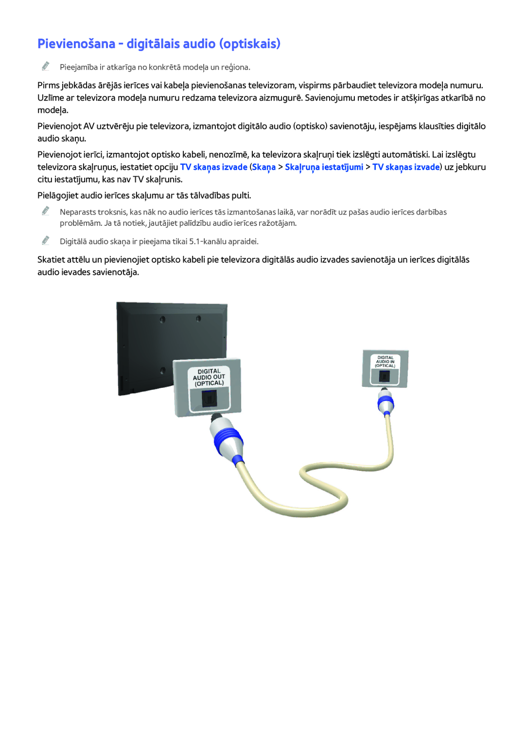 Samsung UE50H5373SSXZG, UE40H6203AWXXH, UE55H6273SSXZG, UE32H5303AWXXH manual Pievienošana digitālais audio optiskais 