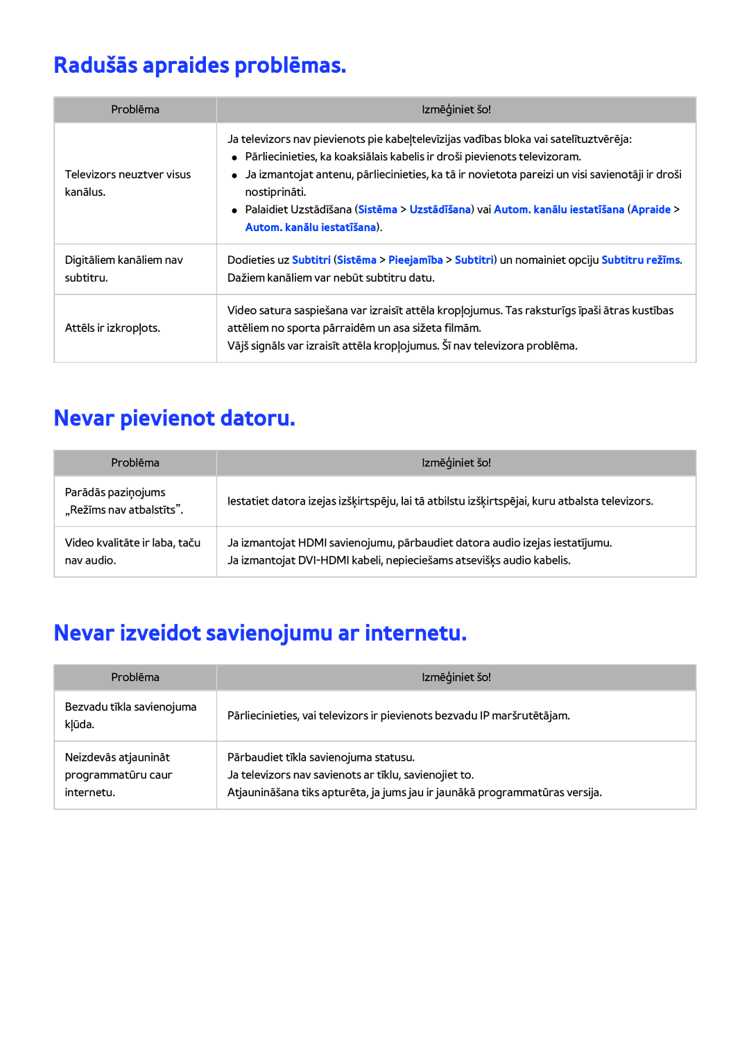 Samsung UE32H5303AWXXH manual Radušās apraides problēmas, Nevar pievienot datoru, Nevar izveidot savienojumu ar internetu 