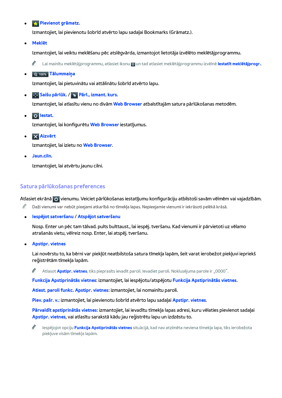 Samsung UE40H6203AWXXH, UE55H6273SSXZG, UE32H5303AWXXH, UE40H5303AWXXH, UE46H5303AWXXH manual Satura pārlūkošanas preferences 