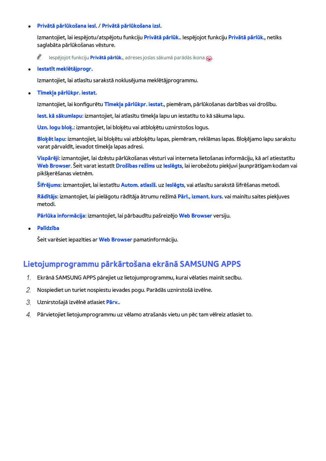 Samsung UE55H6273SSXZG manual Lietojumprogrammu pārkārtošana ekrānā Samsung Apps, Iestatīt meklētājprogr, Palīdzība 