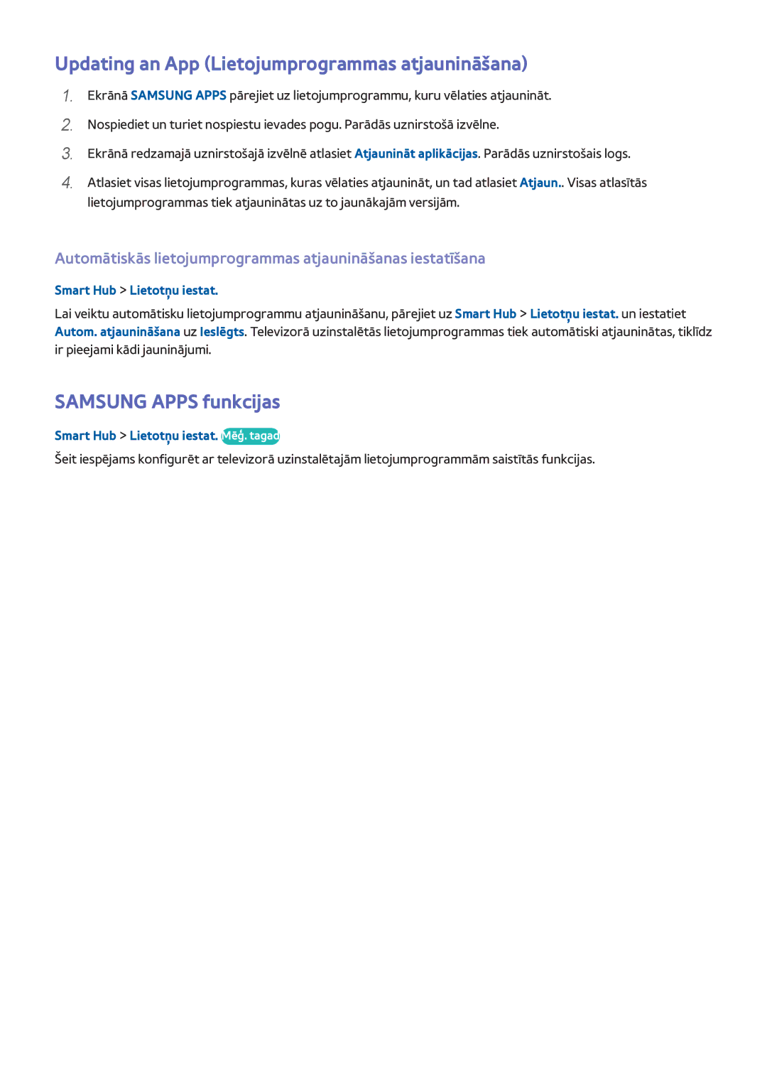 Samsung UE40H5303AWXXH Updating an App Lietojumprogrammas atjaunināšana, Samsung Apps funkcijas, Smart Hub Lietotņu iestat 