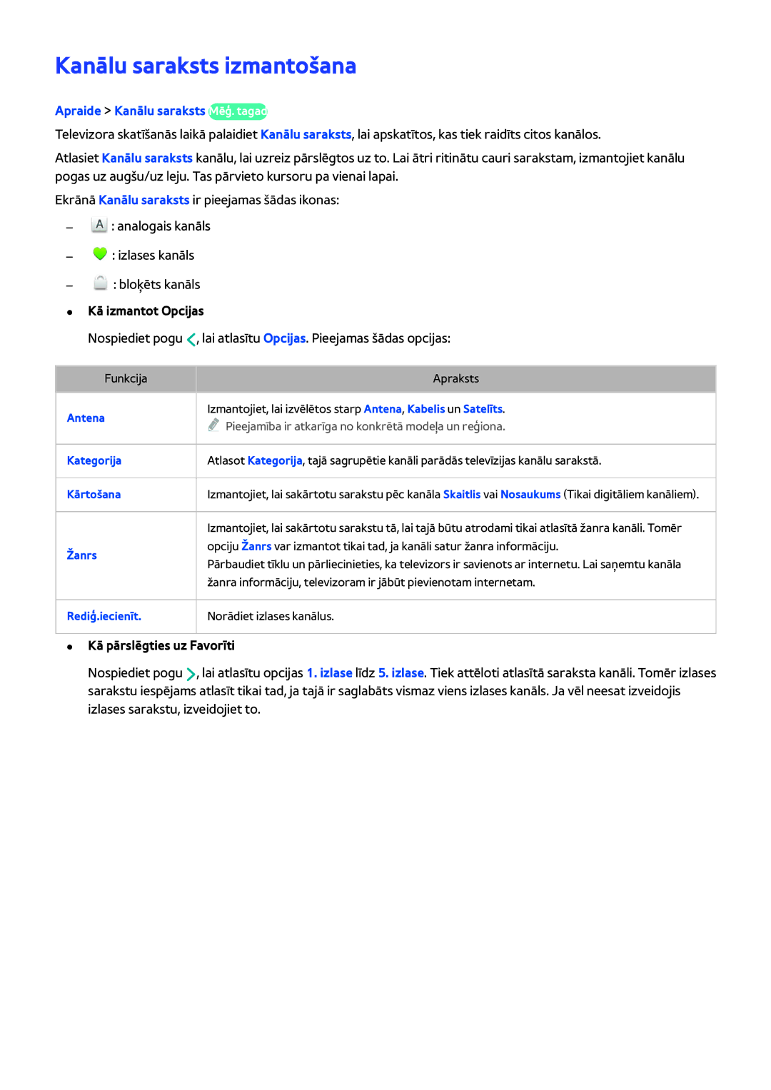 Samsung UE50H5373SSXZG manual Kanālu saraksts izmantošana, Apraide Kanālu saraksts Mēģ. tagad, Kā izmantot Opcijas 