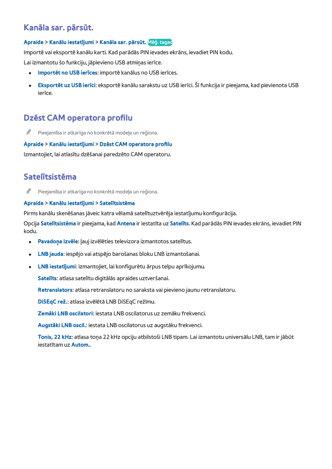 Samsung UE50H5373SSXZG, UE40H6203AWXXH, UE55H6273SSXZG manual Kanāla sar. pārsūt, Dzēst CAM operatora profilu, Satelītsistēma 