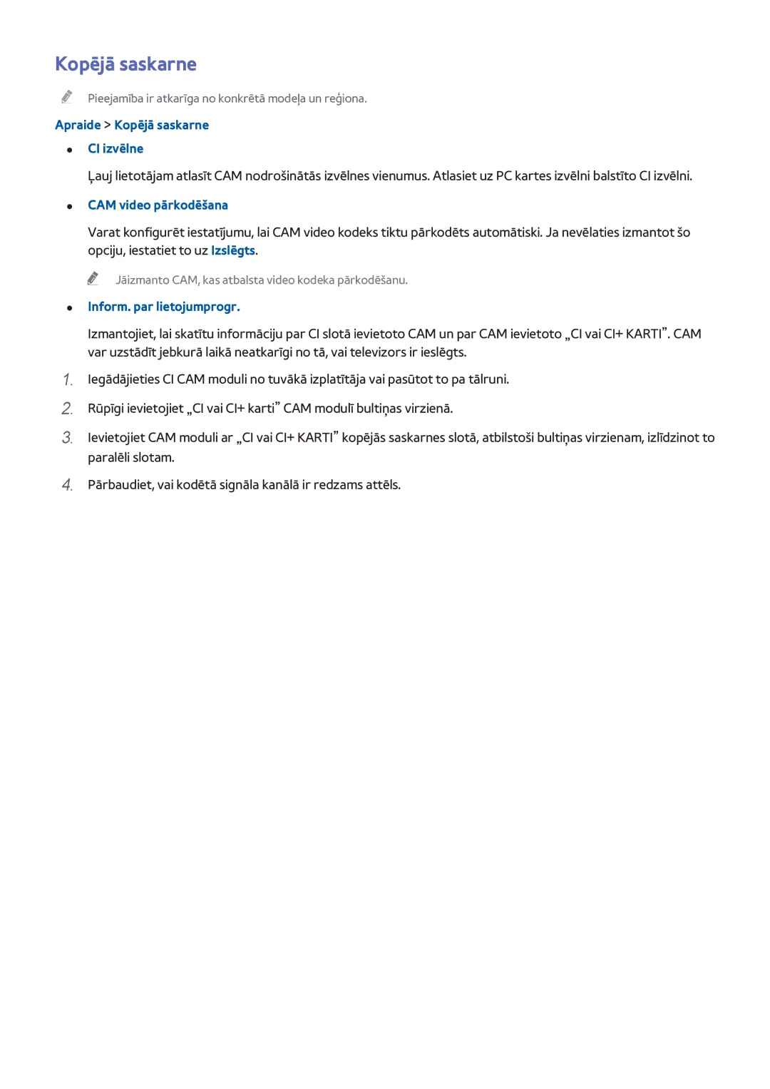 Samsung UE46H6203AWXXH manual Apraide Kopējā saskarne CI izvēlne, CAM video pārkodēšana, Inform. par lietojumprogr 