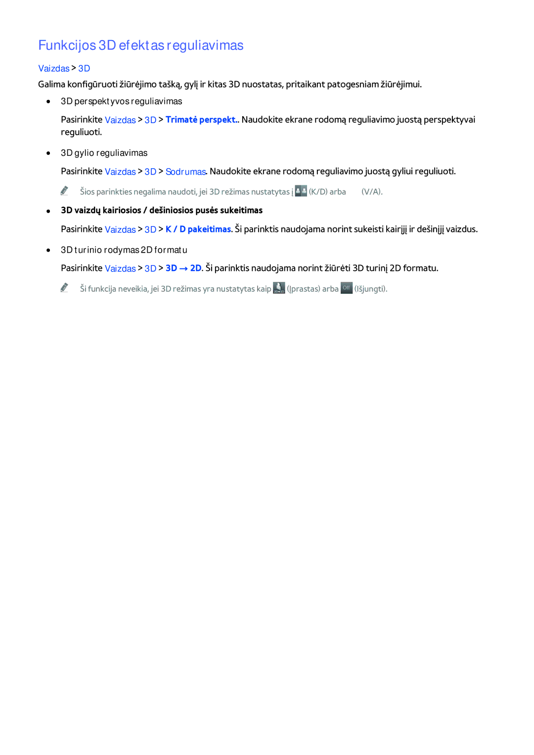 Samsung UE40H6203AWXXH manual Funkcijos 3D efektas reguliavimas, 3D perspektyvos reguliavimas, 3D gylio reguliavimas 
