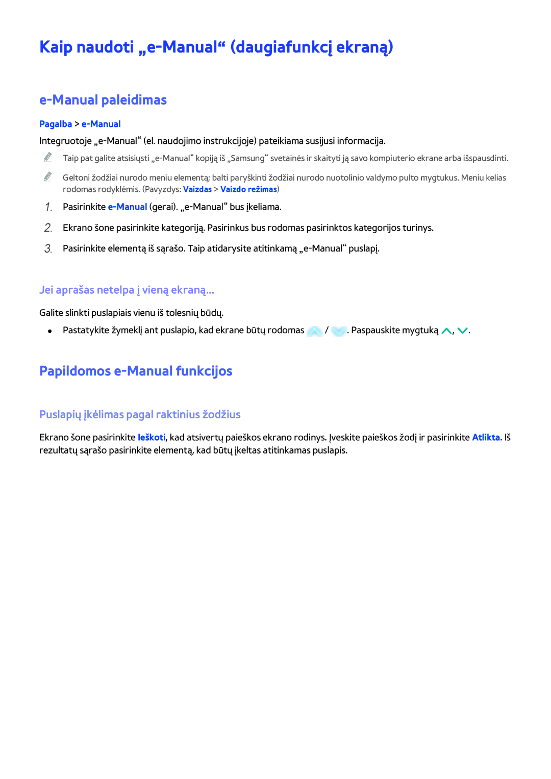 Samsung UE46H5303AWXXH manual Kaip naudoti „e-Manual daugiafunkcį ekraną, Manual paleidimas, Papildomos e-Manual funkcijos 