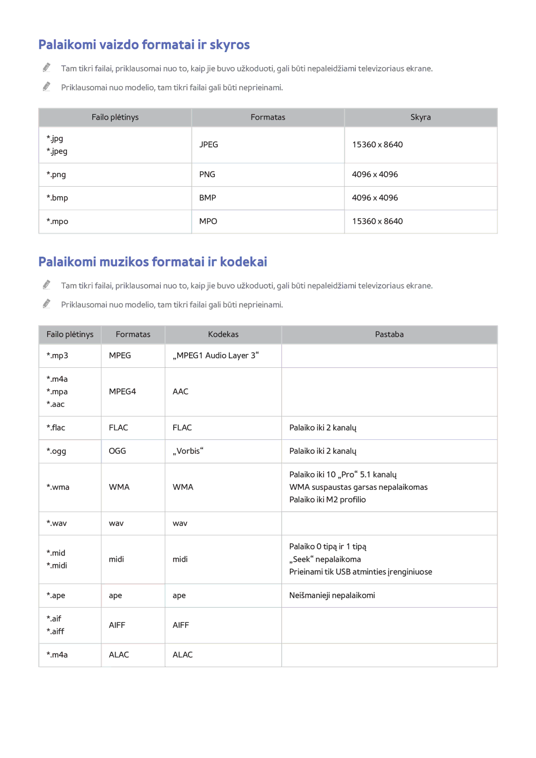 Samsung UE40H6203AWXXH, UE55H6273SSXZG manual Palaikomi vaizdo formatai ir skyros, Palaikomi muzikos formatai ir kodekai 