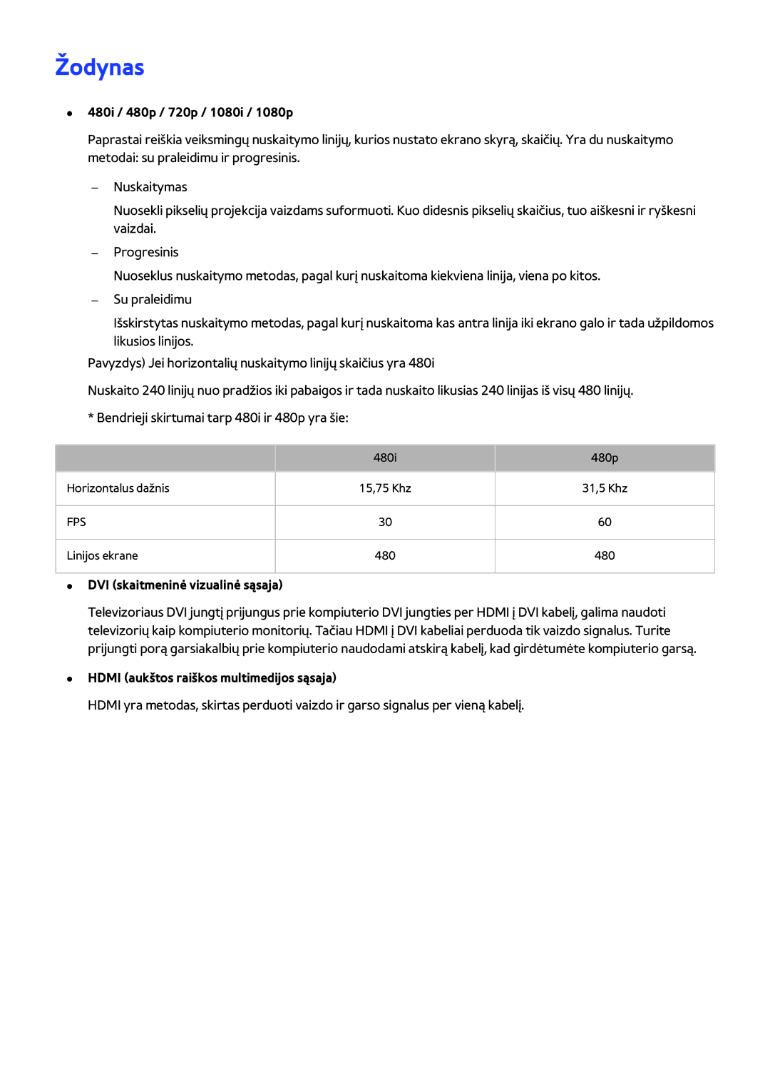 Samsung UE50H5373SSXZG, UE40H6203AWXXH manual Žodynas, 480i / 480p / 720p / 1080i / 1080p, DVI skaitmeninė vizualinė sąsaja 