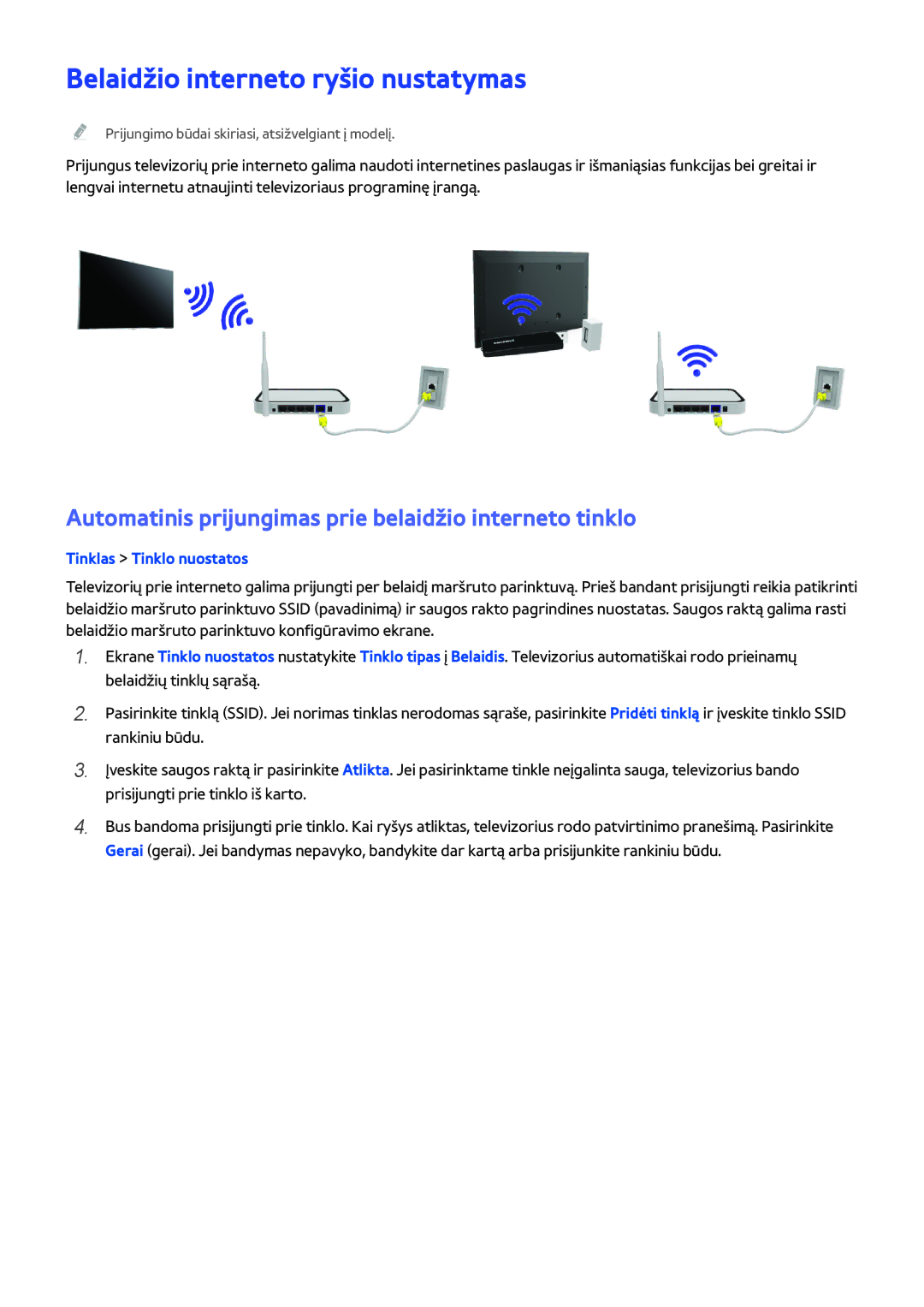 Samsung UE46H5303AWXXH manual Belaidžio interneto ryšio nustatymas, Automatinis prijungimas prie belaidžio interneto tinklo 