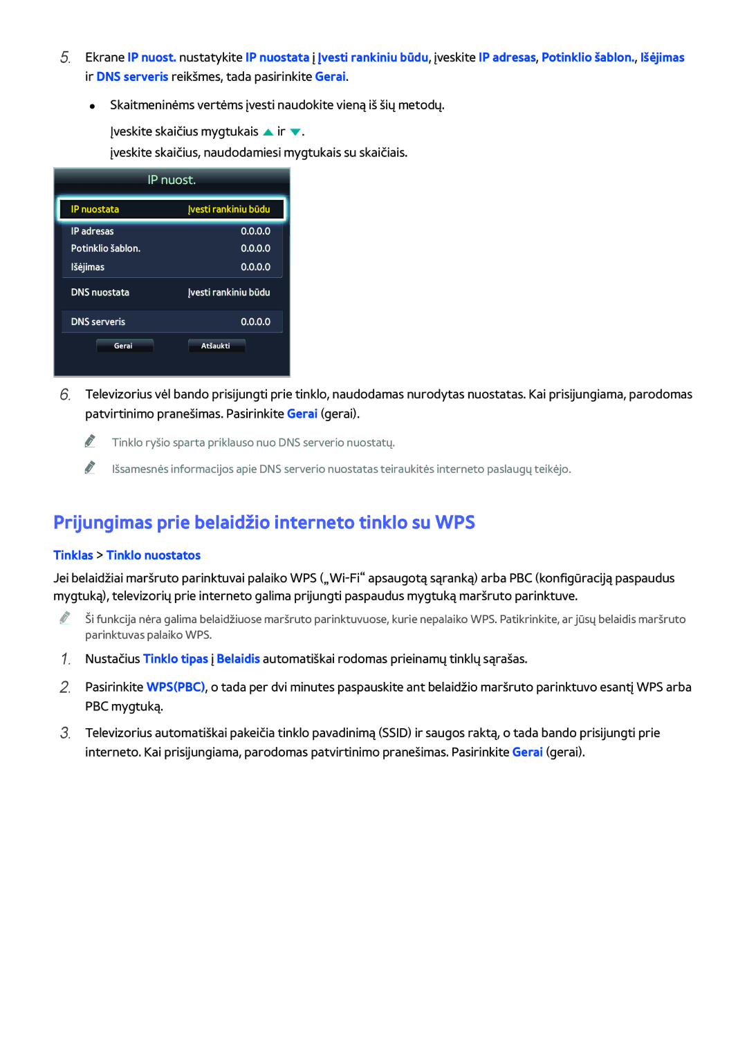 Samsung UE50H5303AWXXH, UE40H6203AWXXH, UE55H6273SSXZG manual Prijungimas prie belaidžio interneto tinklo su WPS, IP nuost 