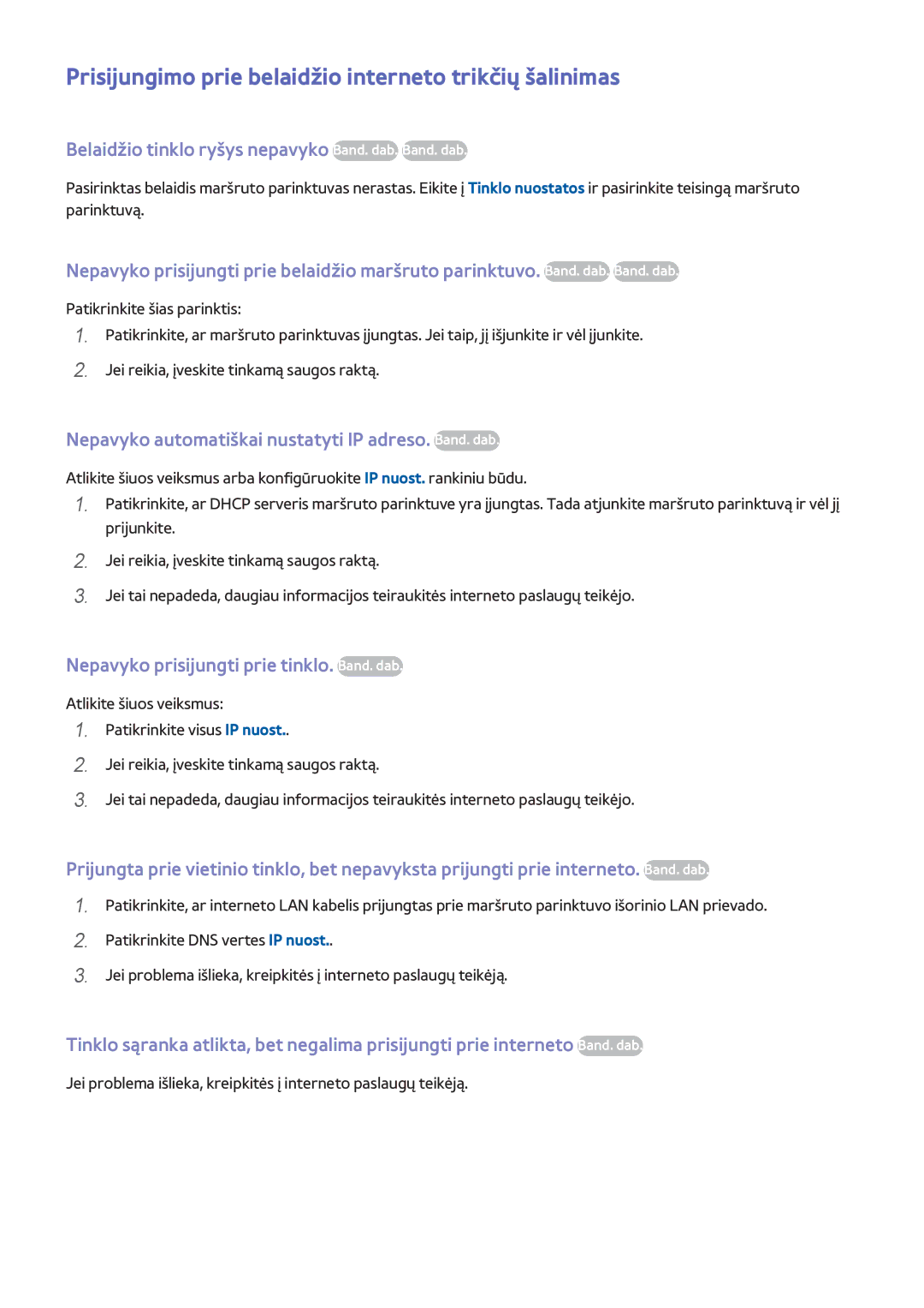 Samsung UE40H6203AWXXH, UE55H6273SSXZG, UE32H5303AWXXH manual Prisijungimo prie belaidžio interneto trikčių šalinimas 