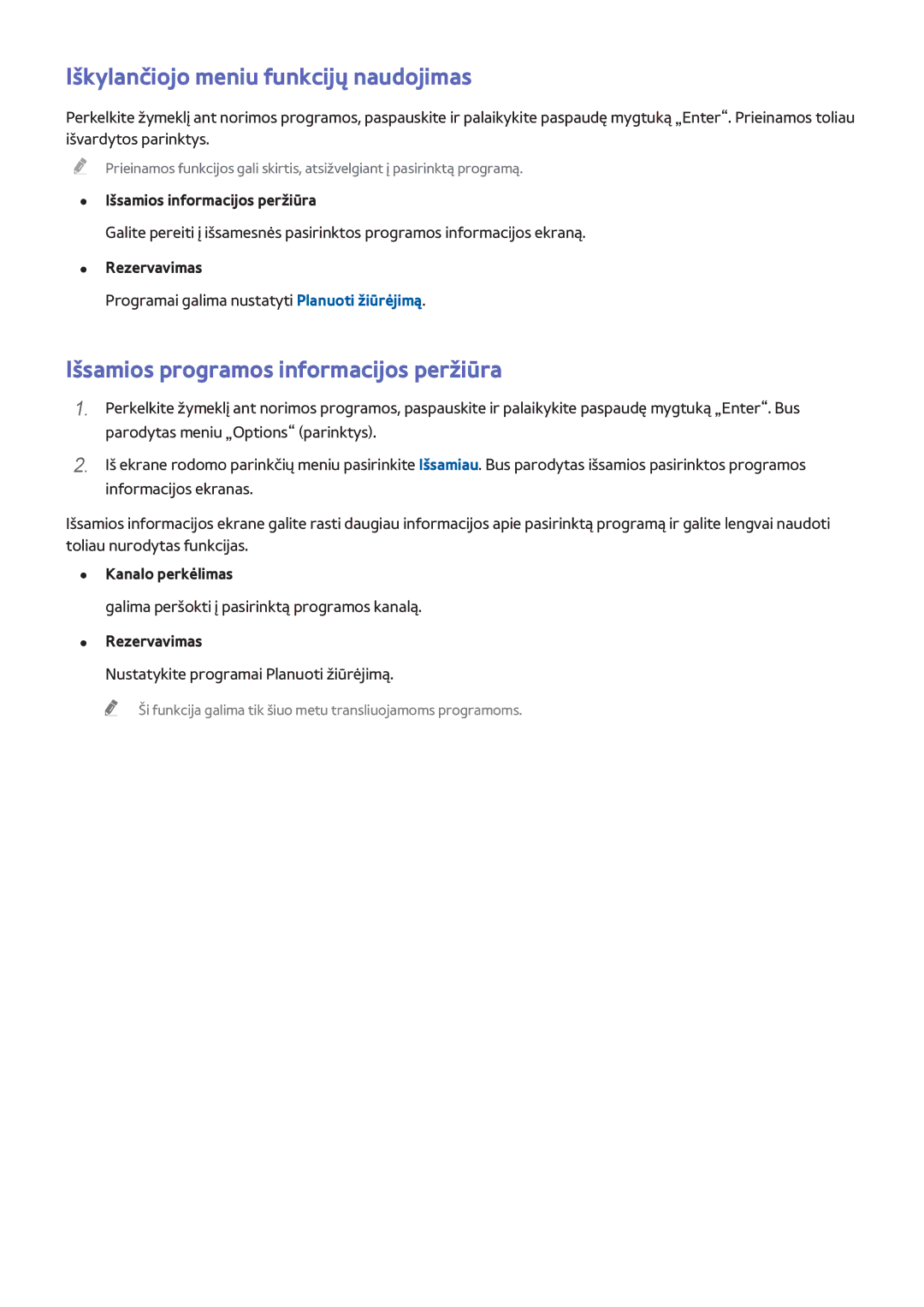 Samsung UE46H6203AWXXH manual Išsamios programos informacijos peržiūra, Išsamios informacijos peržiūra, Rezervavimas 