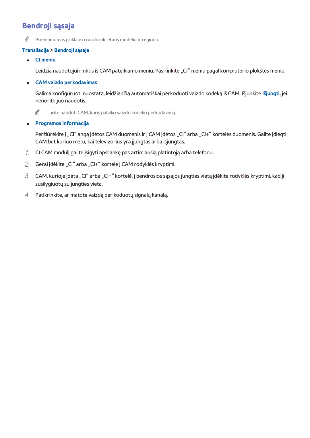 Samsung UE46H6203AWXXH manual Transliacija Bendroji sąsaja CI meniu, CAM vaizdo perkodavimas, Programos informacija 