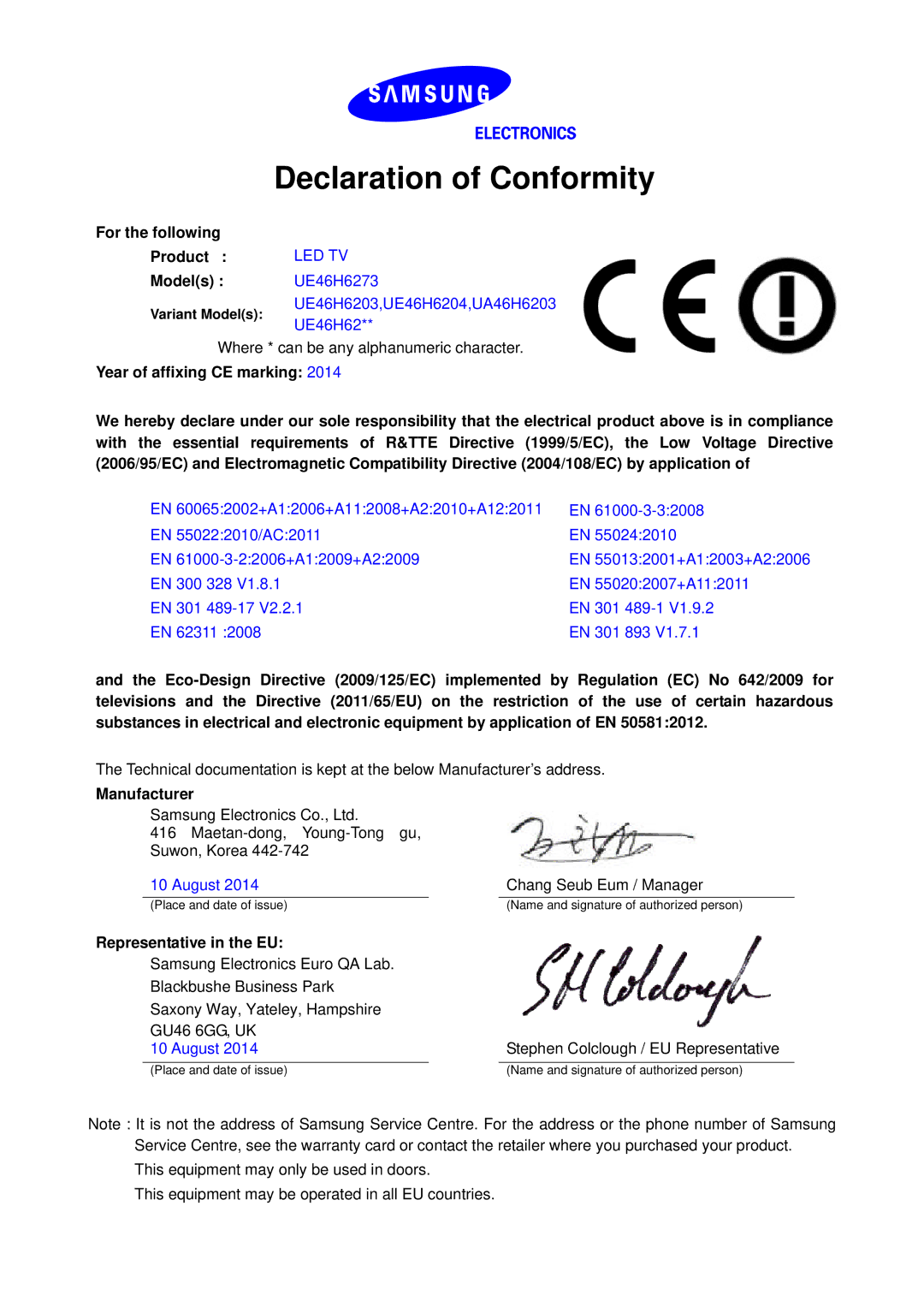 Samsung UE55H6273SSXZG, UE40H6203AWXXH manual Declaration of Conformity, For the following Product, Models, Manufacturer 