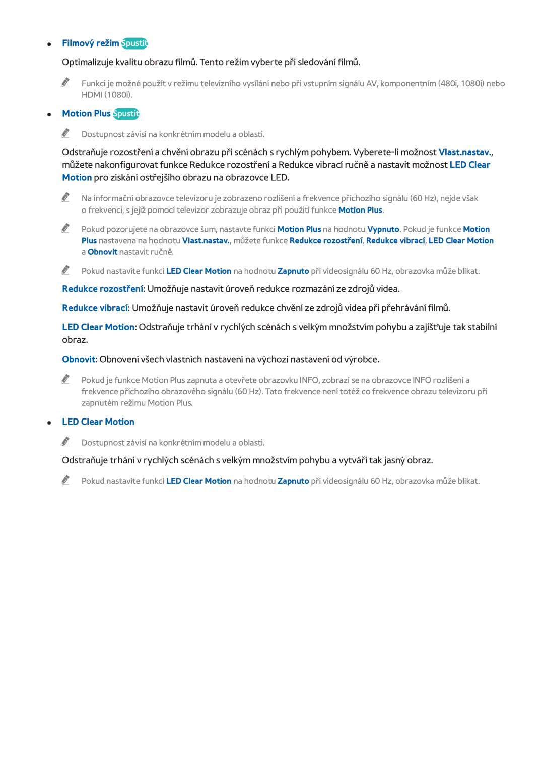 Samsung UE55H6273SSXZG, UE40H6203AWXXH, UE58J5200AWXXH manual Filmový režim Spustit, Motion Plus Spustit, LED Clear Motion 