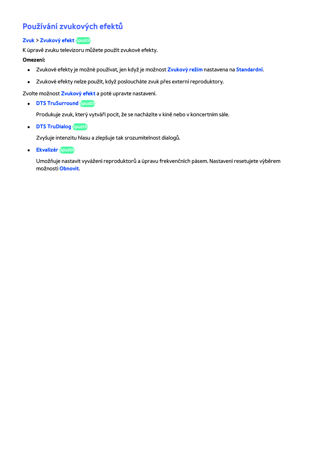 Samsung UE32H5373SSXZG Používání zvukových efektů, Zvuk Zvukový efekt Spustit, DTS TruSurround Spustit, Ekvalizér Spustit 