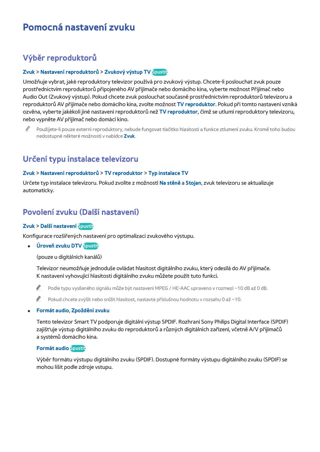 Samsung UE32H5303AWXXH, UE40H6203AWXXH manual Pomocná nastavení zvuku, Výběr reproduktorů, Určení typu instalace televizoru 