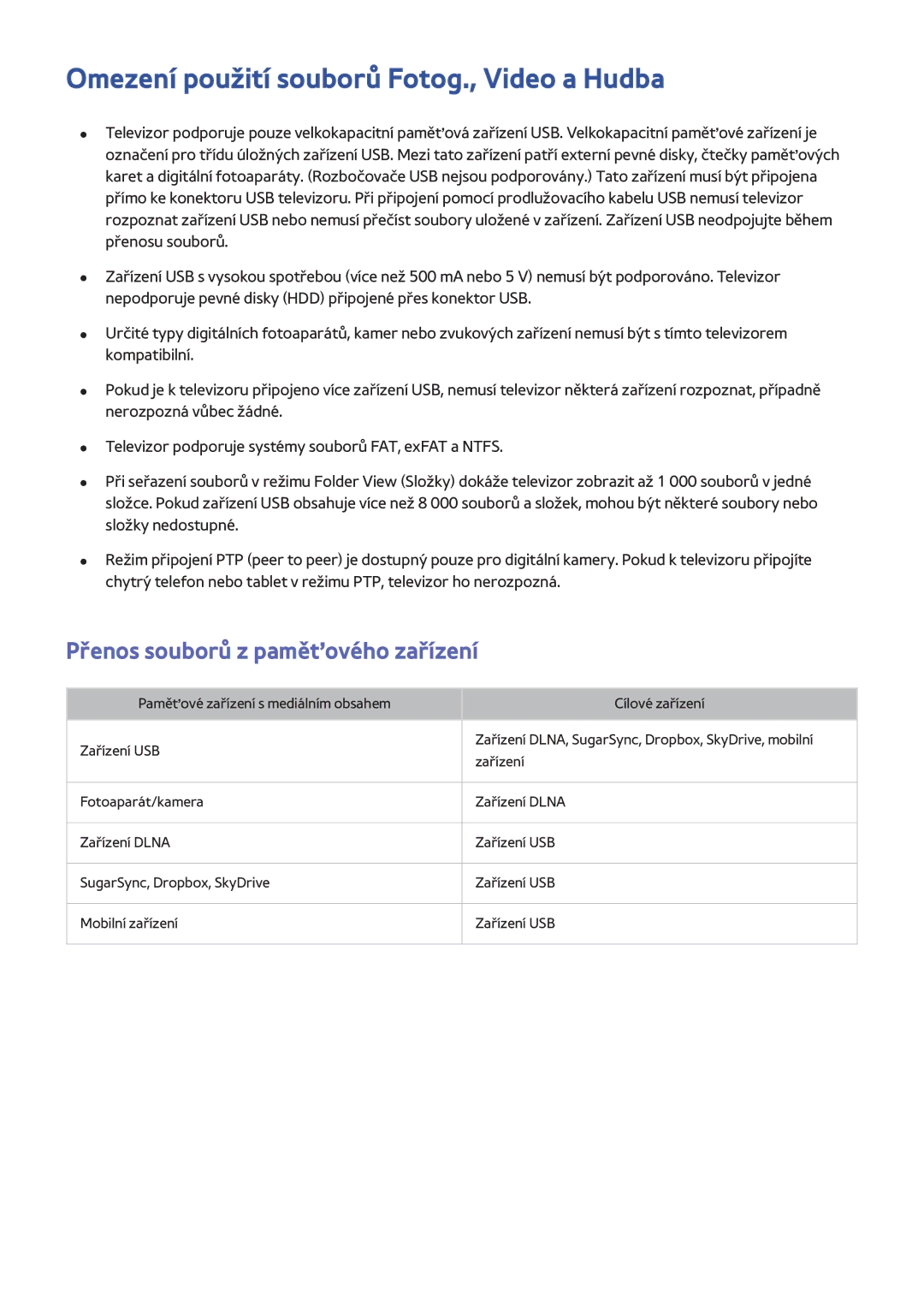 Samsung UE48H5203AWXXC, UE40H6203AWXXH Omezení použití souborů Fotog., Video a Hudba, Přenos souborů z paměťového zařízení 