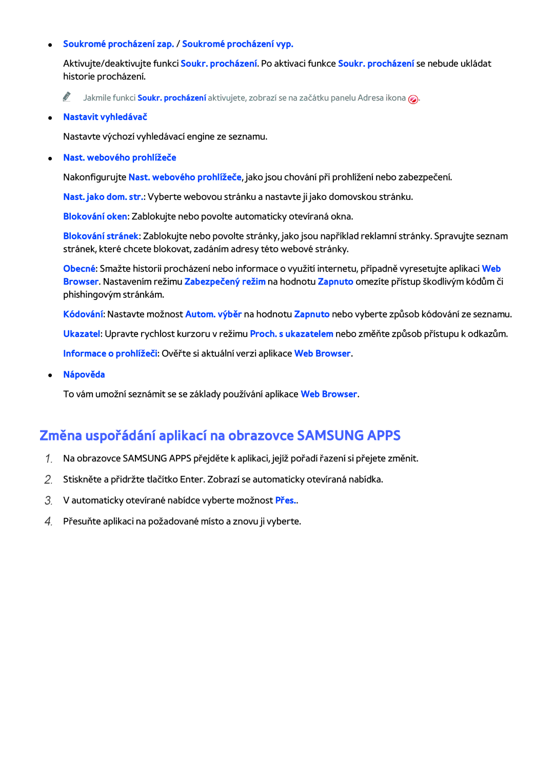 Samsung UE40H4203AWXXH Změna uspořádání aplikací na obrazovce Samsung Apps, Nastavit vyhledávač, Nast. webového prohlížeče 