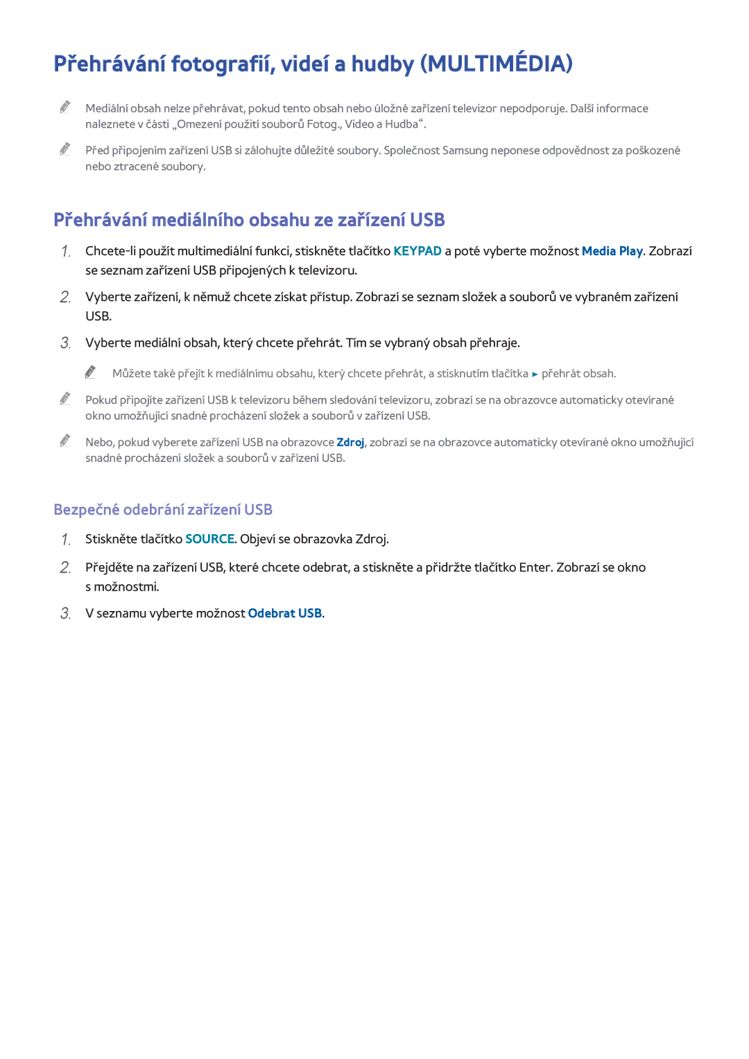 Samsung UE40H5303AKXXU manual Přehrávání fotografií, videí a hudby Multimédia, Přehrávání mediálního obsahu ze zařízení USB 