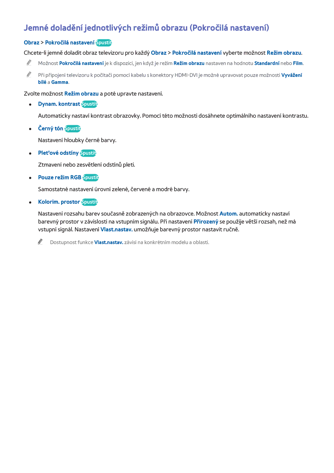 Samsung UE46H5303AWXXN, UE40H6203AWXXH manual Obraz Pokročilá nastavení Spustit, Dynam. kontrast Spustit, Černý tón Spustit 