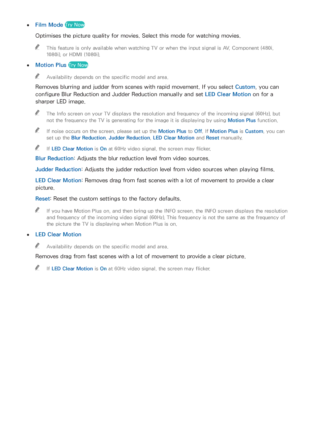 Samsung UE58H5203AWXXN, UE40H6203AWXXH, UE55H6273SSXZG manual Film Mode Try Now, Motion Plus Try Now, LED Clear Motion 