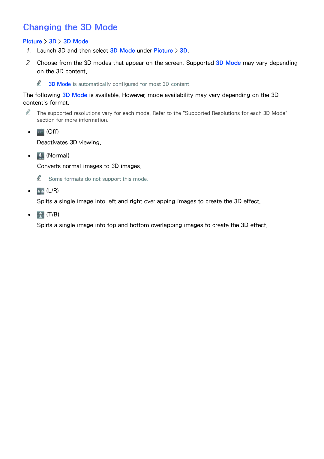 Samsung UE40H5303AWXXN, UE40H6203AWXXH, UE55H6273SSXZG, UE58J5200AWXXH manual Changing the 3D Mode, Picture 3D 3D Mode 
