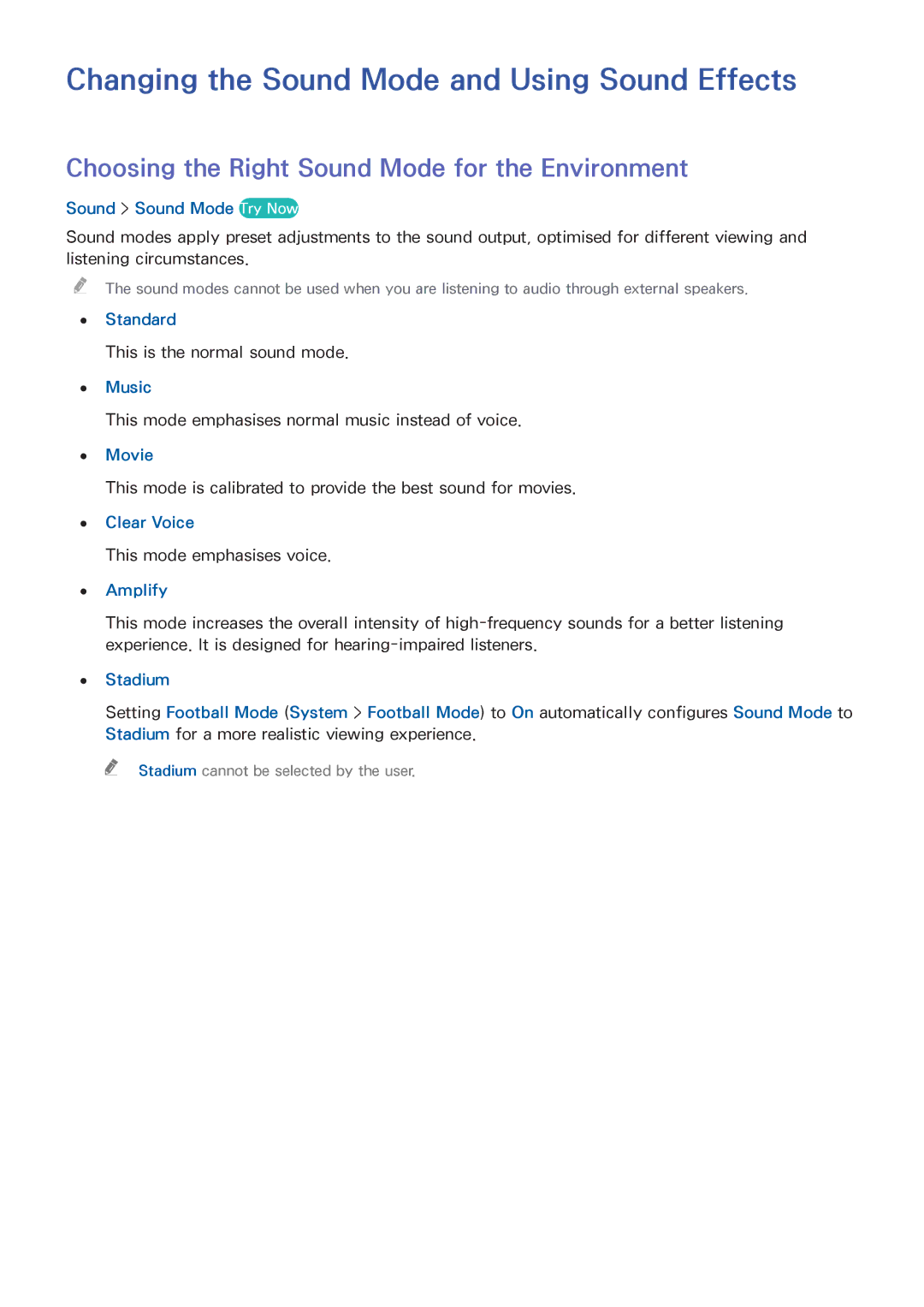 Samsung UE50H5304AKXXE Changing the Sound Mode and Using Sound Effects, Choosing the Right Sound Mode for the Environment 