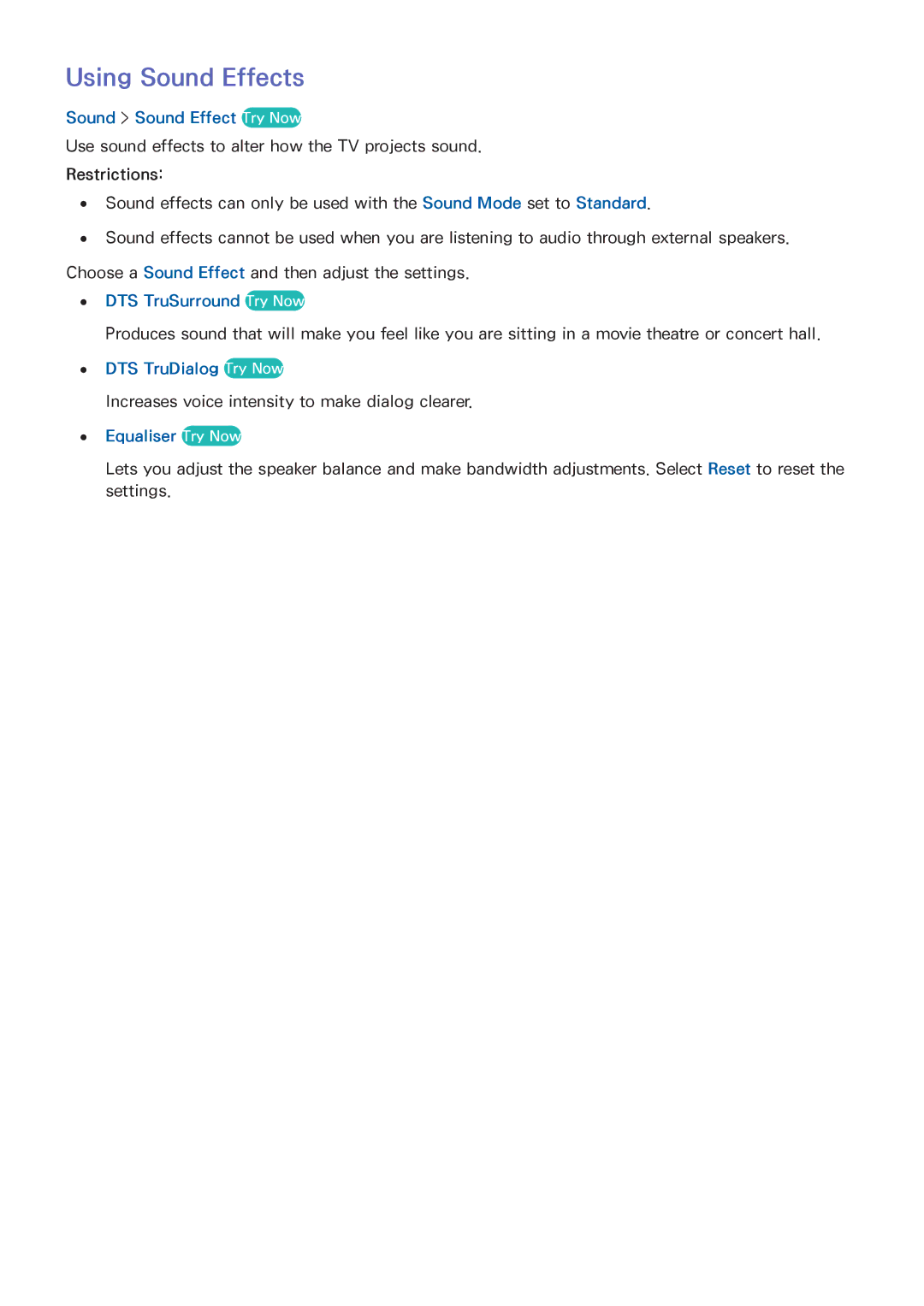 Samsung UE60H6204AKXXE manual Using Sound Effects, Sound Sound Effect Try Now, DTS TruDialog Try Now, Equaliser Try Now 