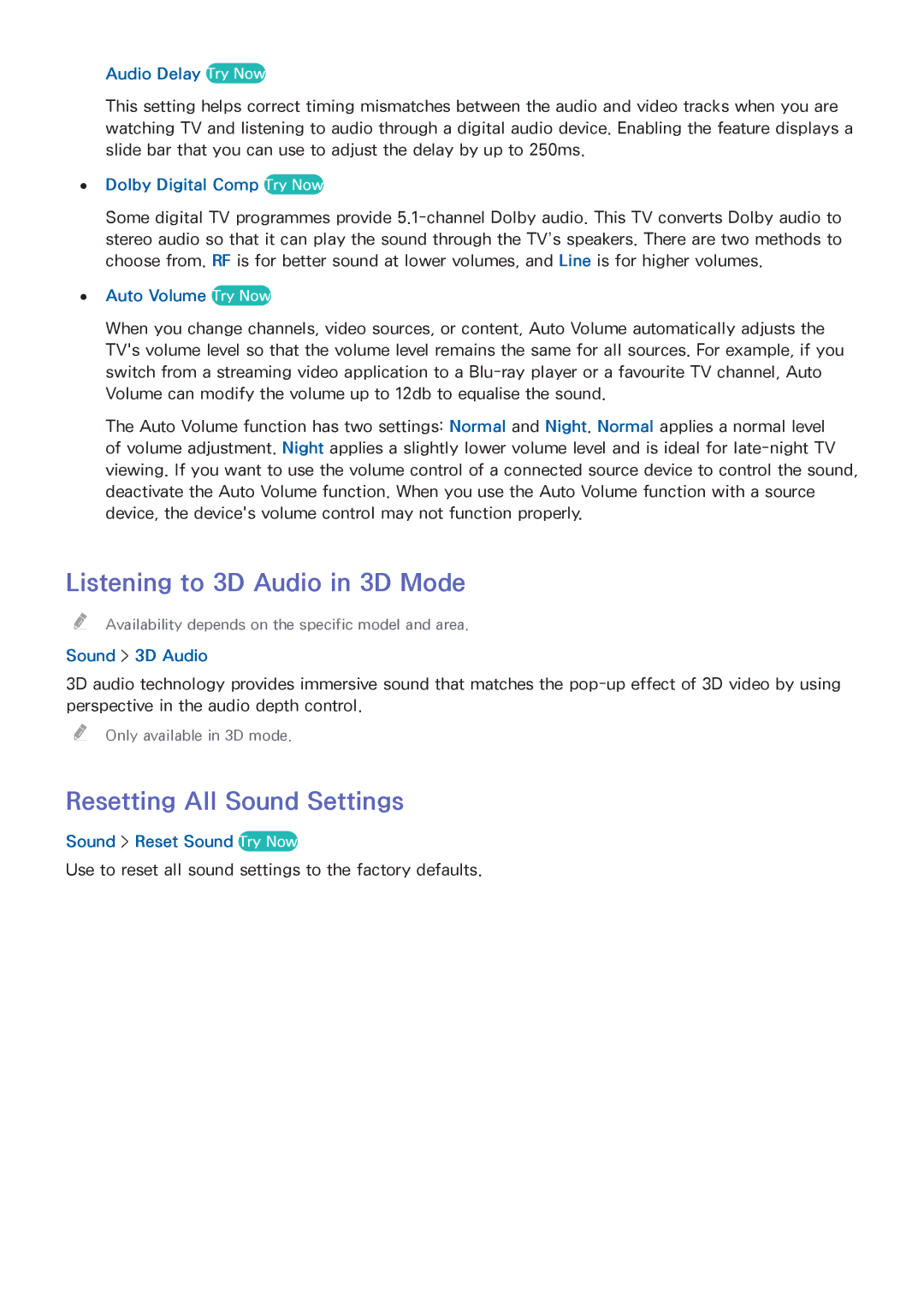 Samsung UE58H5204AKXXE, UE40H6203AWXXH, UE55H6273SSXZG manual Listening to 3D Audio in 3D Mode, Resetting All Sound Settings 