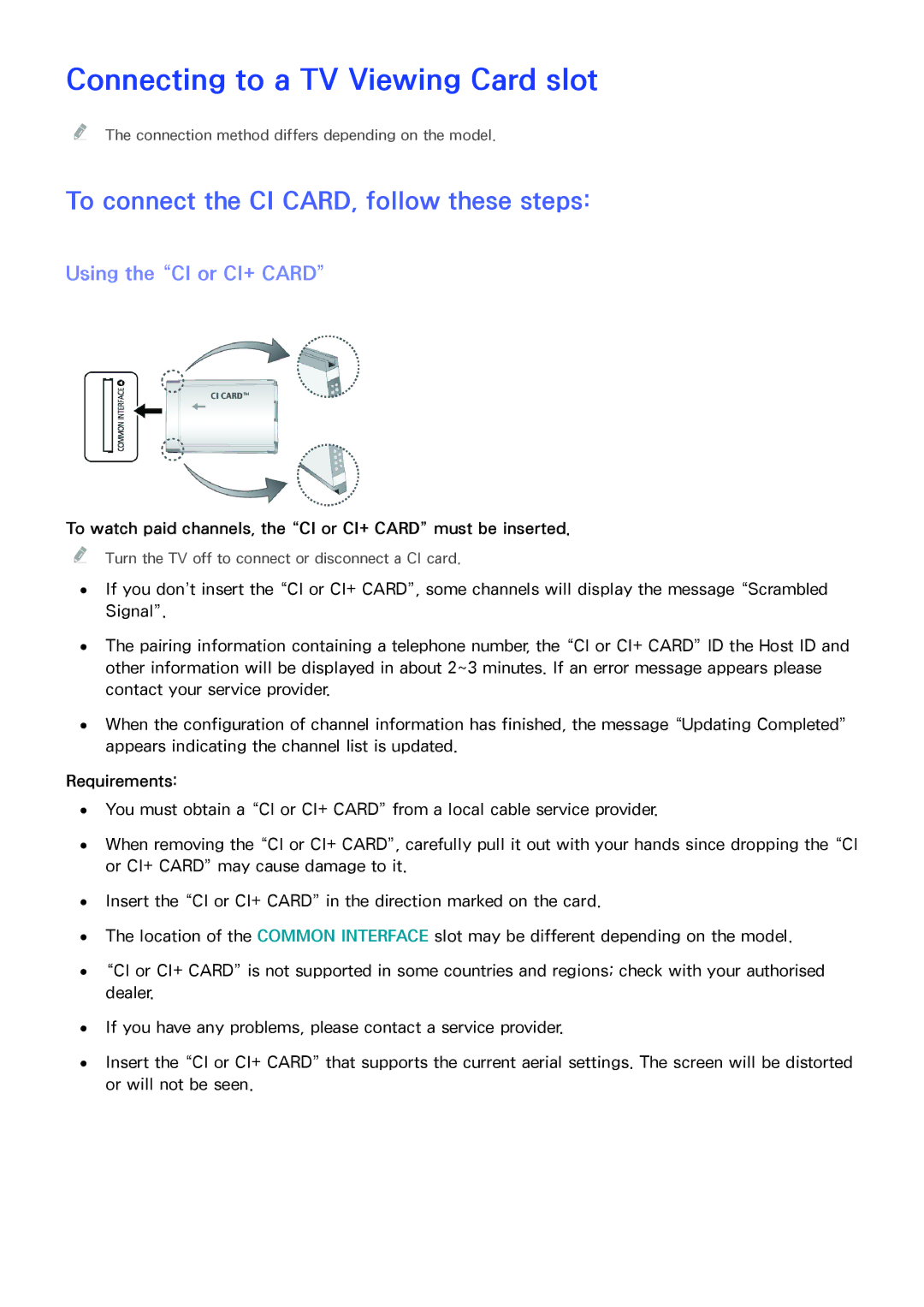 Samsung UE40H5303AKXRU, UE40H6203AWXXH Connecting to a TV Viewing Card slot, To connect the CI CARD, follow these steps 