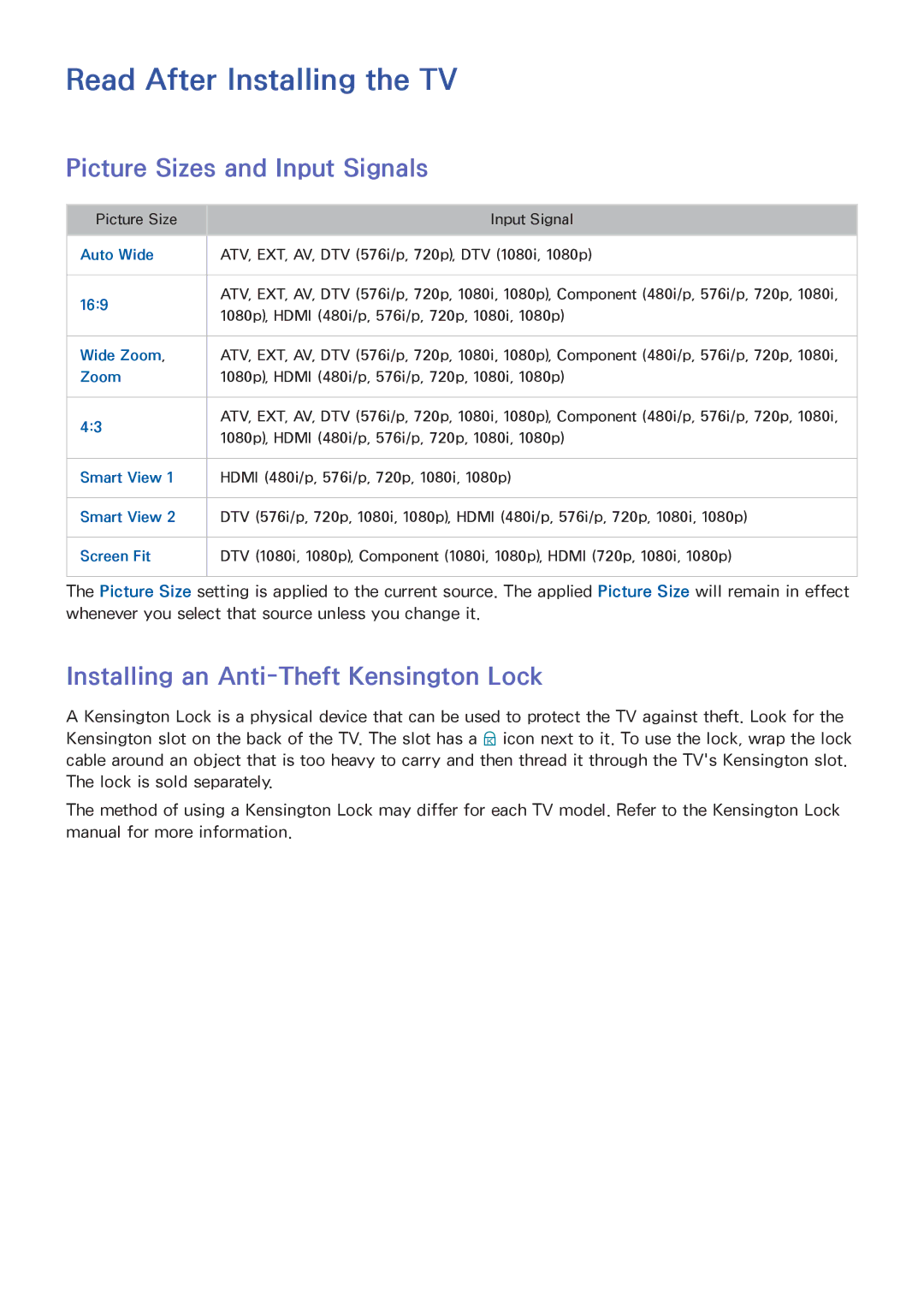 Samsung UE40H5373SSXZG, UE40H6203AWXXH, UE55H6273SSXZG manual Read After Installing the TV, Picture Sizes and Input Signals 