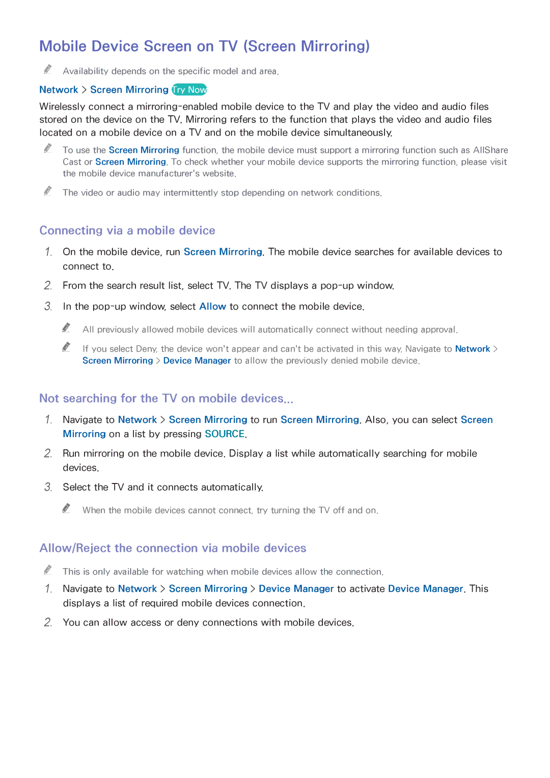 Samsung UE48H5003AWXZG, UE40H6203AWXXH manual Mobile Device Screen on TV Screen Mirroring, Connecting via a mobile device 