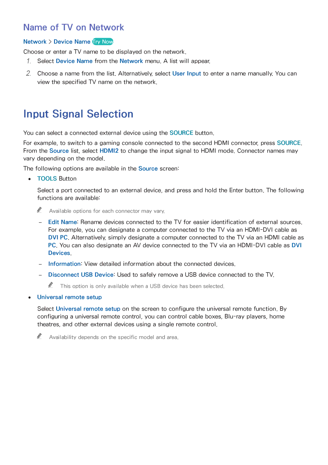 Samsung UE58J5270SSXZG Input Signal Selection, Name of TV on Network, Network Device Name Try Now, Universal remote setup 