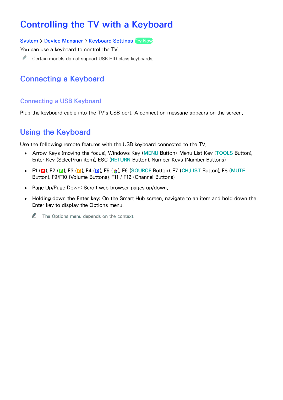 Samsung UE48H5003AWXTK, UE40H6203AWXXH manual Controlling the TV with a Keyboard, Connecting a Keyboard, Using the Keyboard 