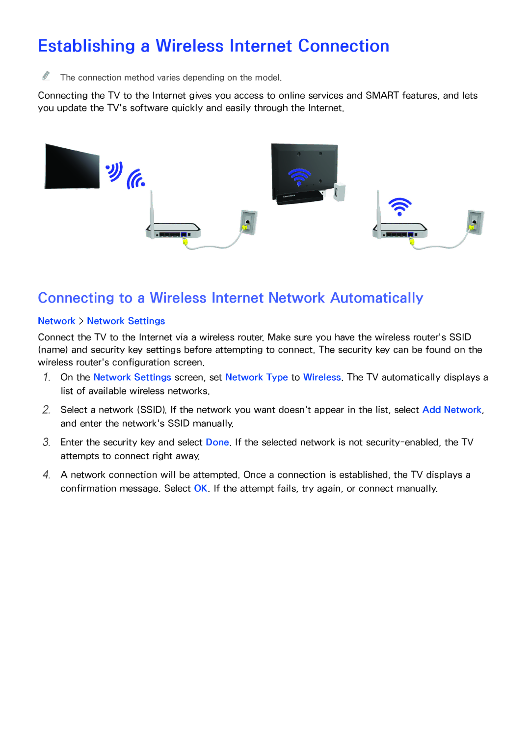 Samsung UE55H6203AWXZF, UE40H6203AWXXH, UE55H6273SSXZG, UE58J5200AWXXH manual Establishing a Wireless Internet Connection 