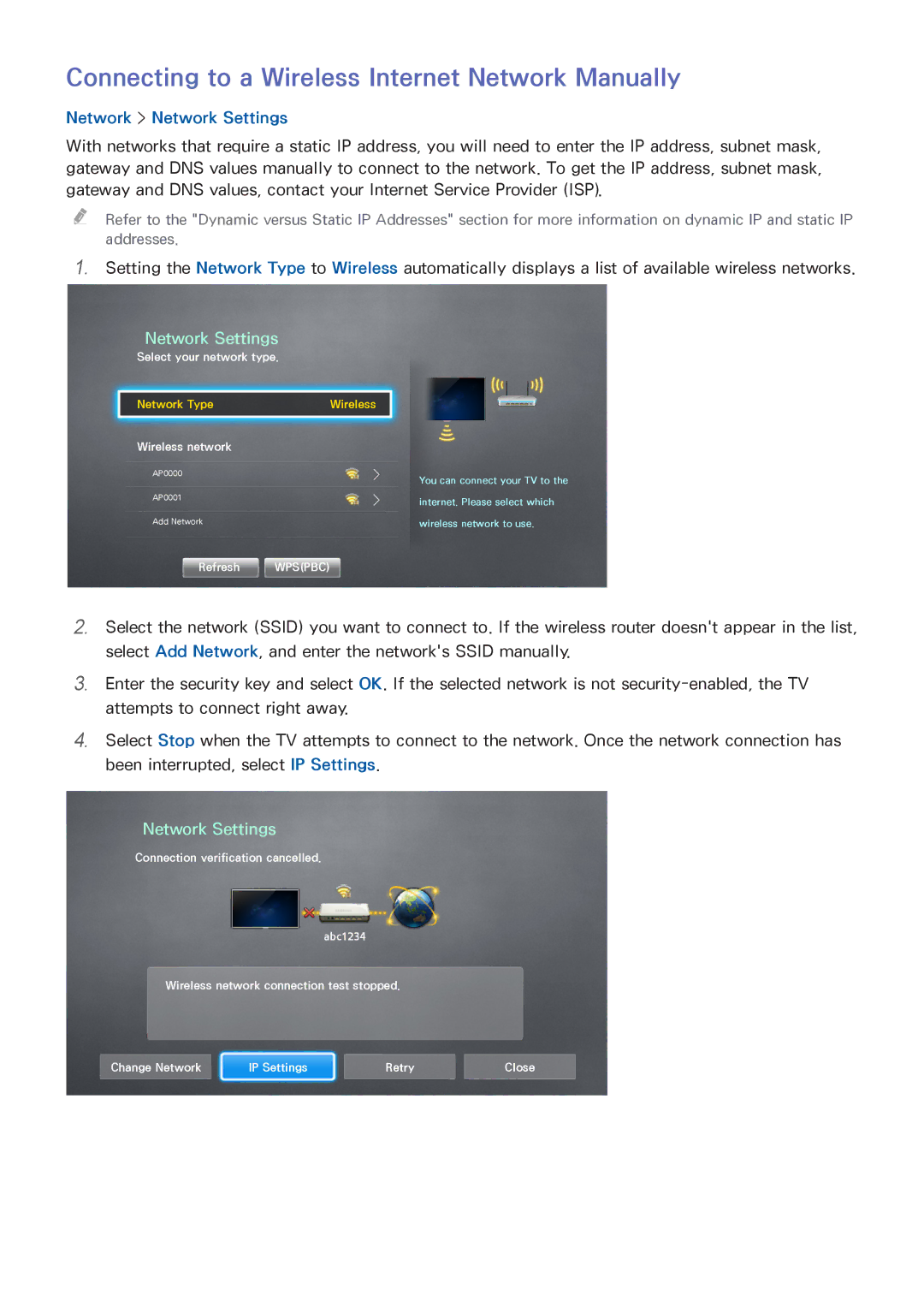 Samsung UE40H5303AWXZF, UE40H6203AWXXH, UE55H6273SSXZG Connecting to a Wireless Internet Network Manually, Wireless network 