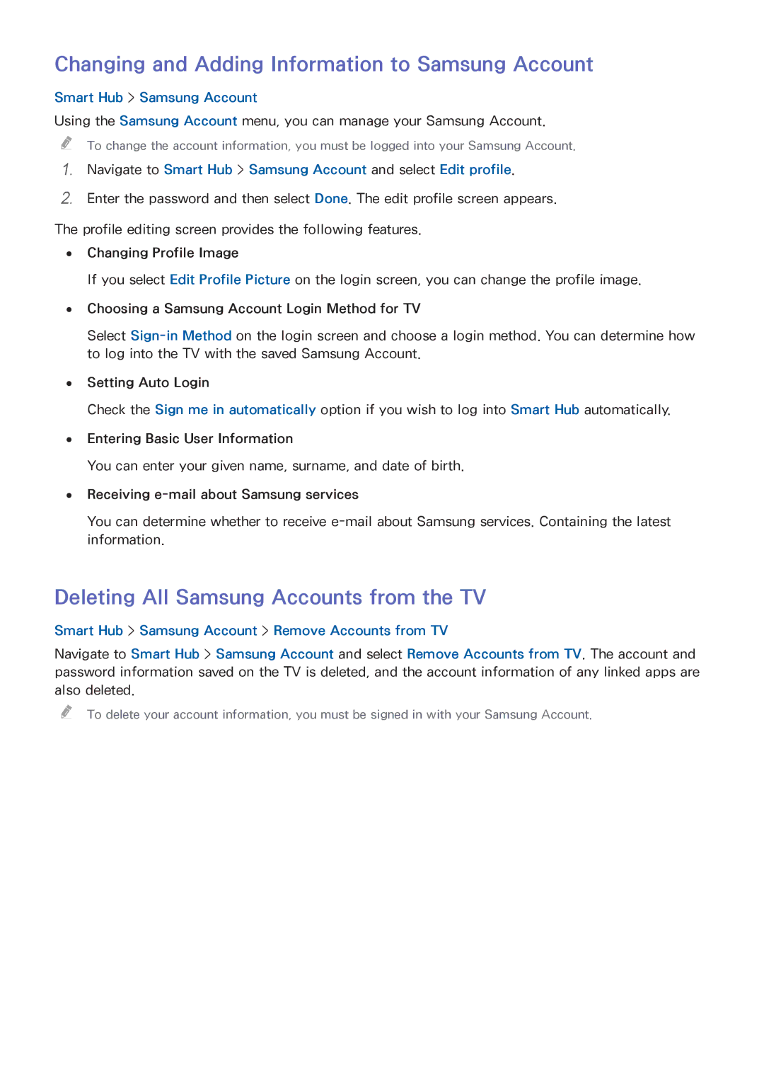 Samsung UE60H6203AKXZT manual Changing and Adding Information to Samsung Account, Deleting All Samsung Accounts from the TV 