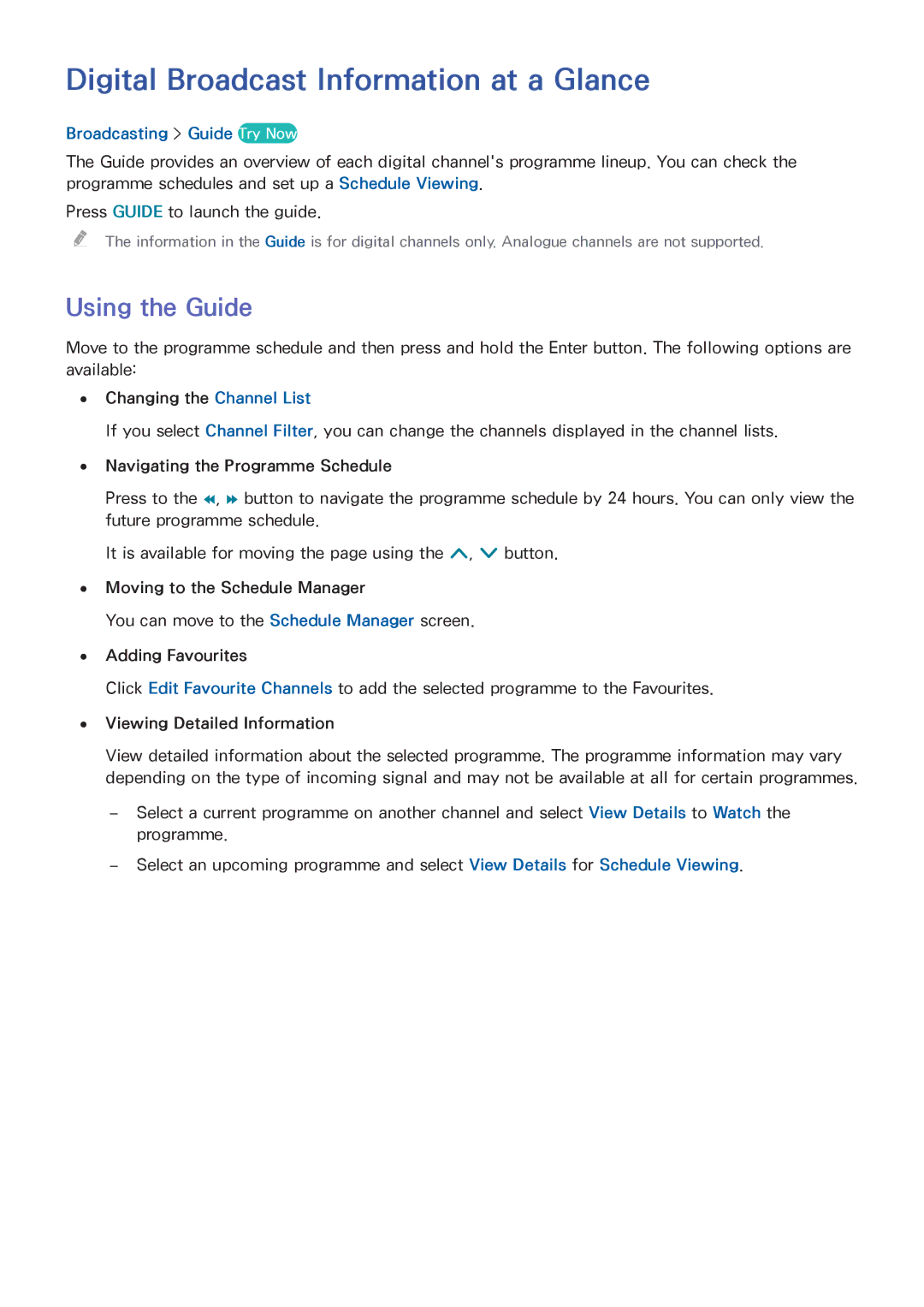 Samsung UE46H6203AWXXH manual Digital Broadcast Information at a Glance, Using the Guide, Broadcasting Guide Try Now EPG 