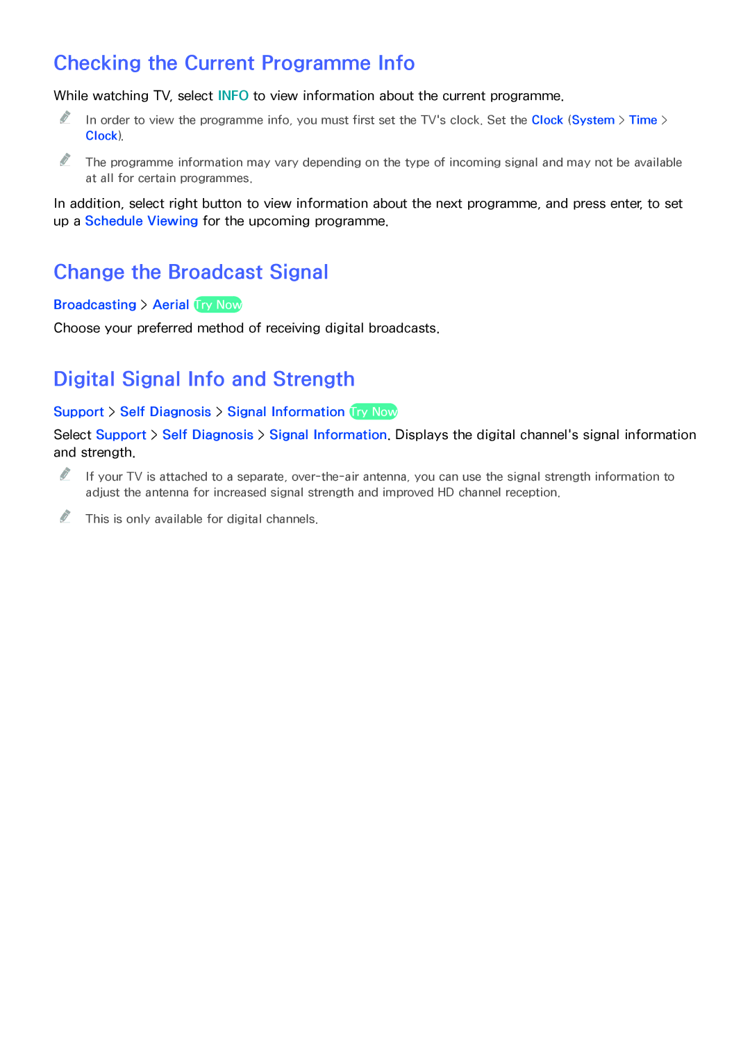 Samsung UA48H4203AWXHC Checking the Current Programme Info, Change the Broadcast Signal, Digital Signal Info and Strength 