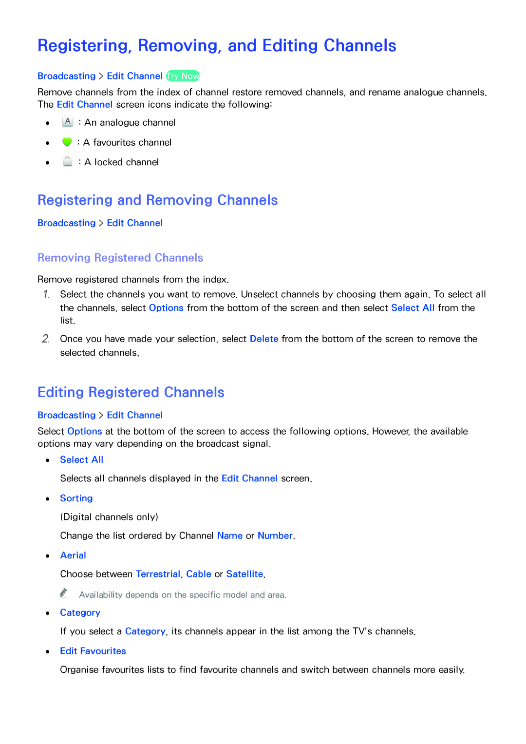 Samsung UE55H6203AWXXH, UE40H6203AWXXH manual Registering, Removing, and Editing Channels, Registering and Removing Channels 