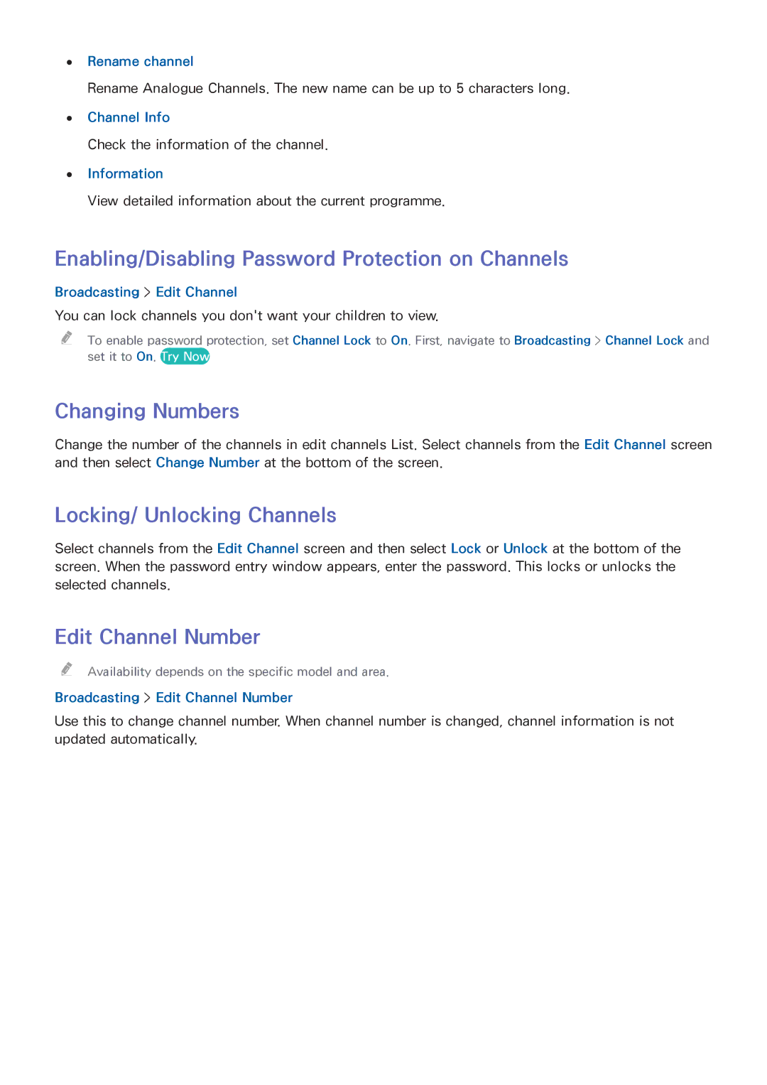 Samsung UE40H5203AWXXN Enabling/Disabling Password Protection on Channels, Changing Numbers, Locking/ Unlocking Channels 