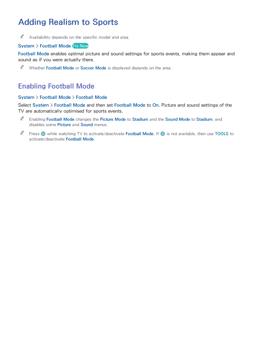 Samsung UE48H5003AWXXN, UE40H6203AWXXH manual Adding Realism to Sports, Enabling Football Mode, System Football Mode Try Now 