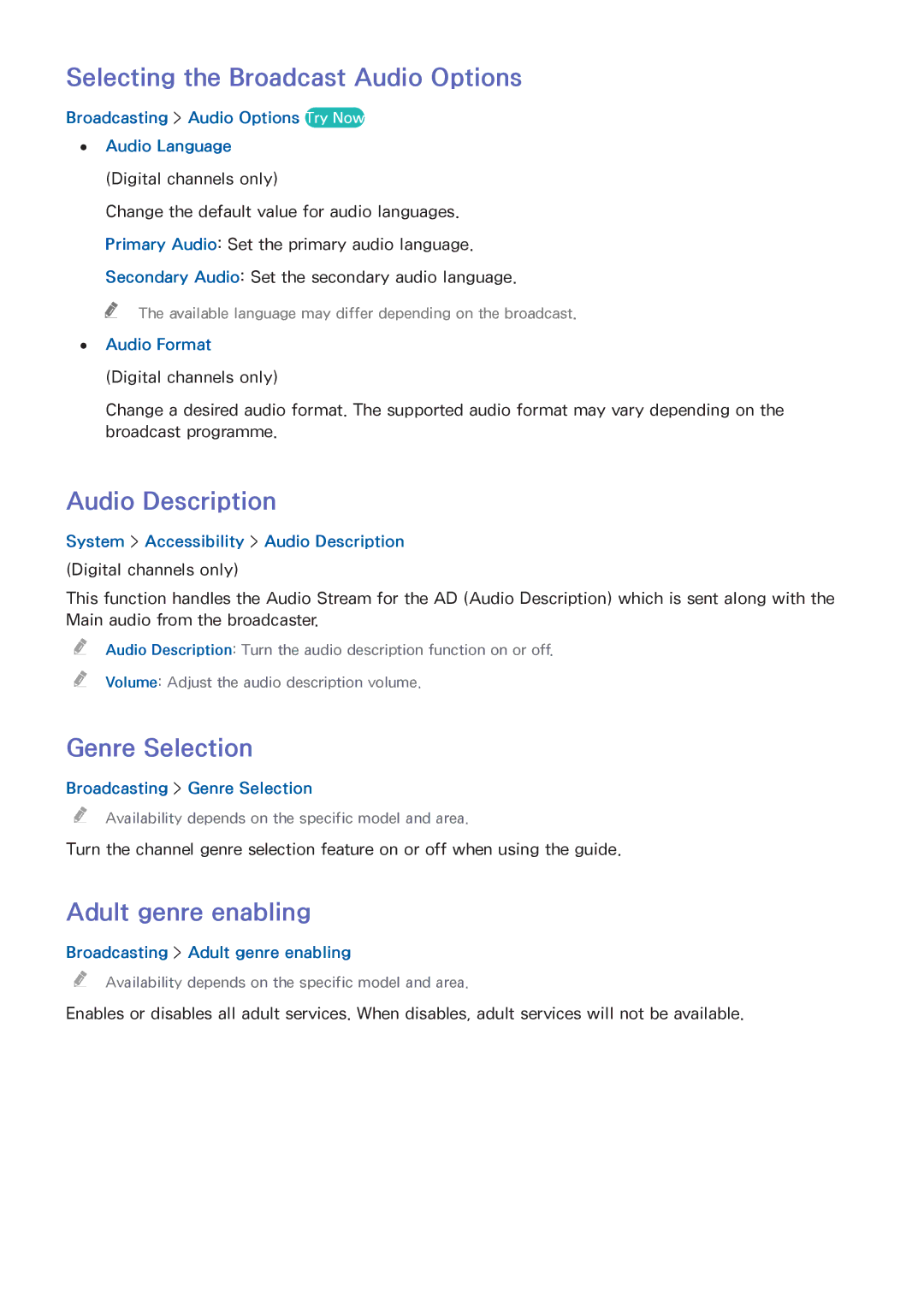 Samsung UE40H5304AKXXE Selecting the Broadcast Audio Options, Audio Description, Genre Selection, Adult genre enabling 