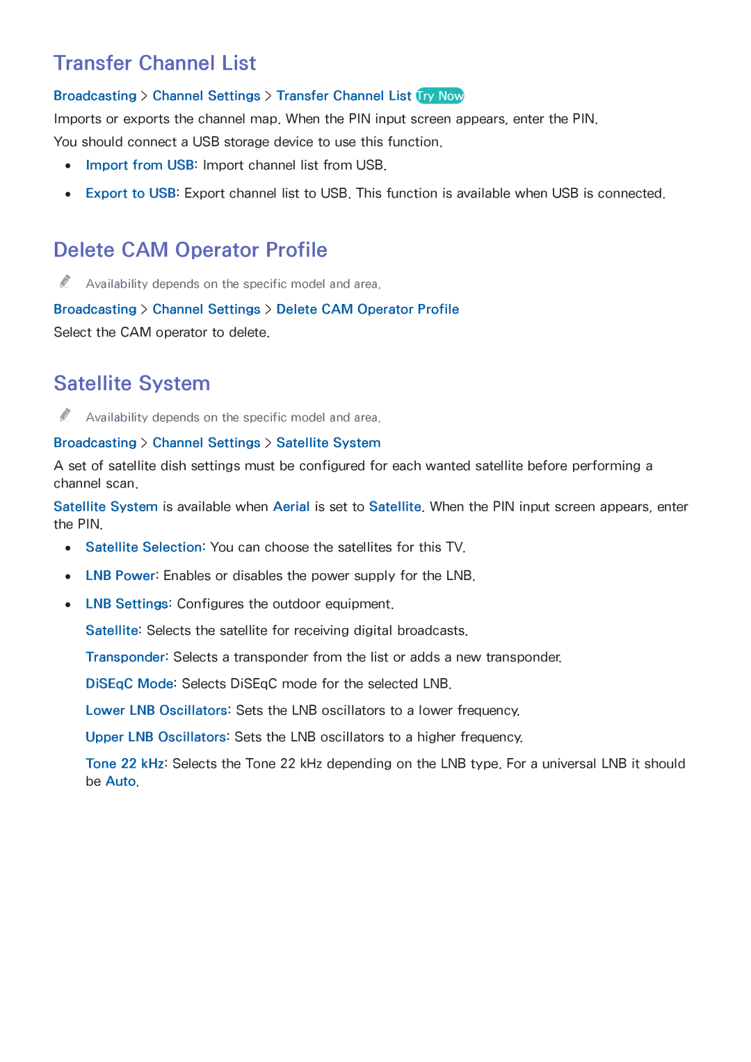 Samsung UE55H6203AWXXN, UE40H6203AWXXH, UE55H6273SSXZG Transfer Channel List, Delete CAM Operator Profile, Satellite System 