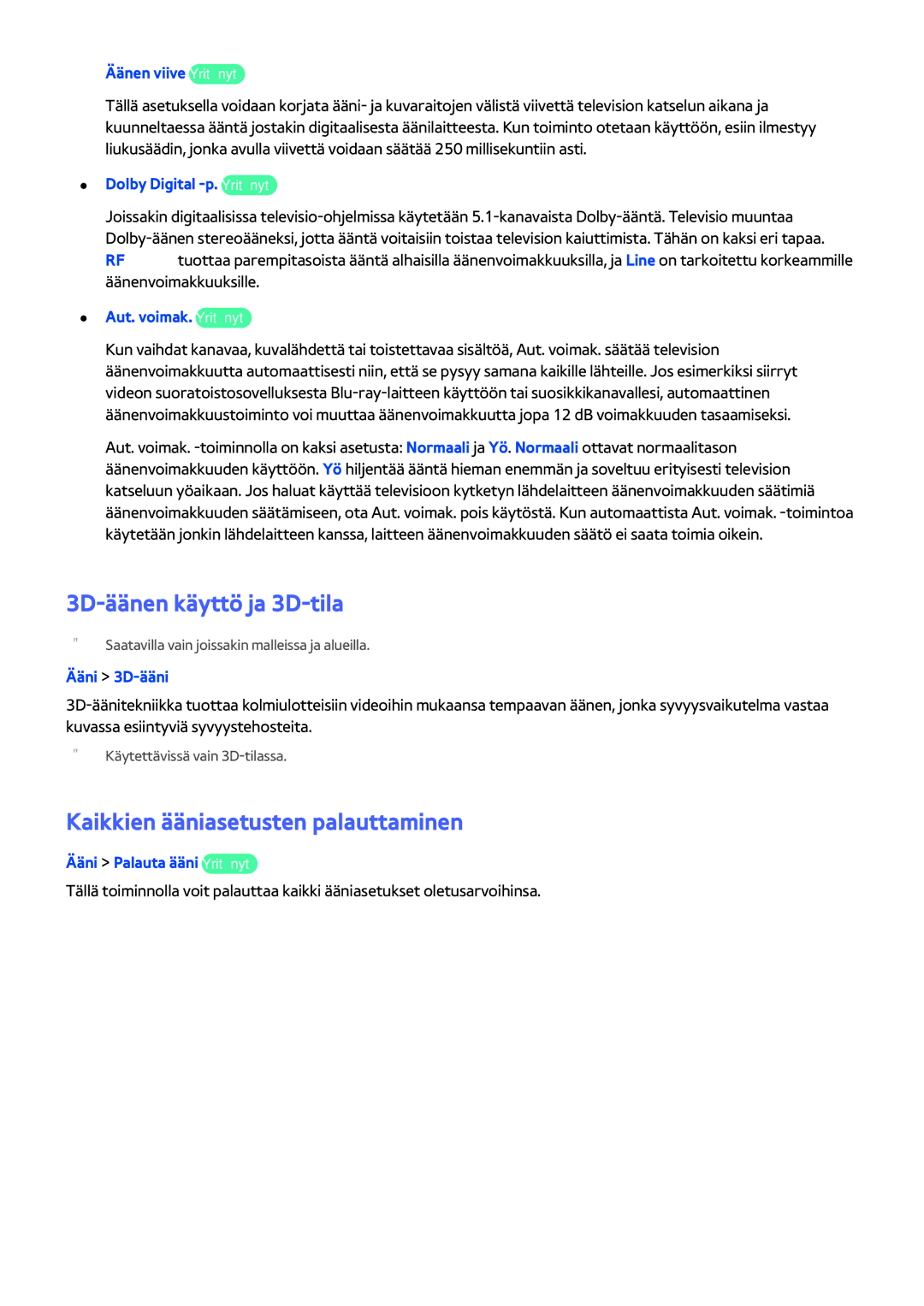 Samsung UE46H5304AKXXE, UE40H6204AKXXE, UE40H5204AKXXE 3D-äänen käyttö ja 3D-tila, Kaikkien ääniasetusten palauttaminen 