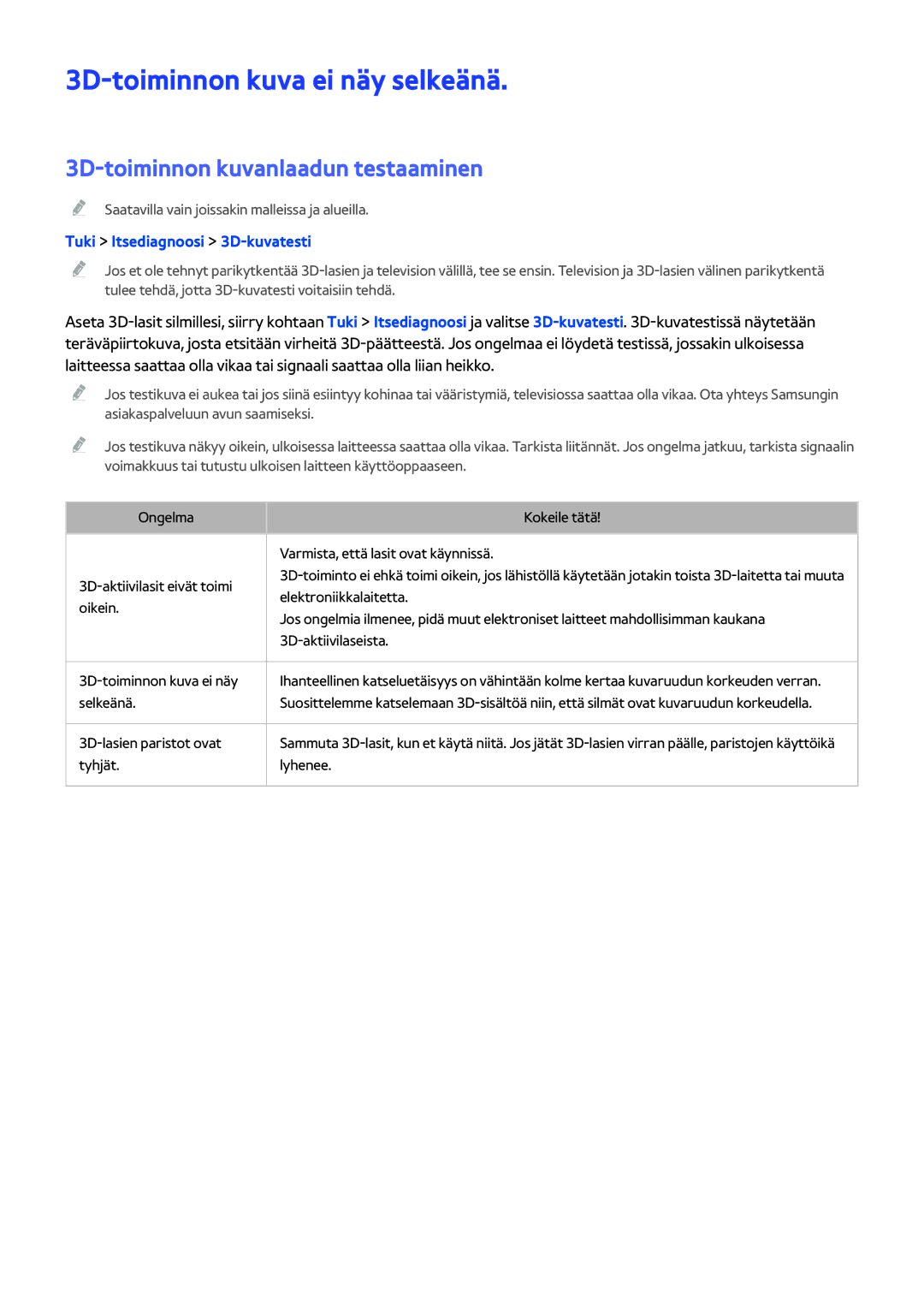 Samsung UE55H6204AKXXE, UE40H6204AKXXE manual 3D-toiminnon kuva ei näy selkeänä, 3D-toiminnon kuvanlaadun testaaminen 