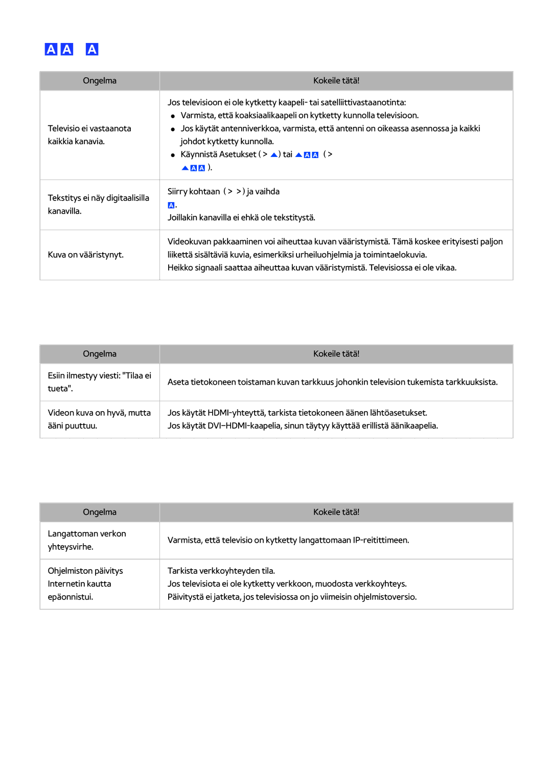 Samsung UE58J5205AKXXE manual Televisiolähetyksen kanssa on ongelmia, Tietokoneyhteys ei toimi, Internet-yhteys ei toimi 